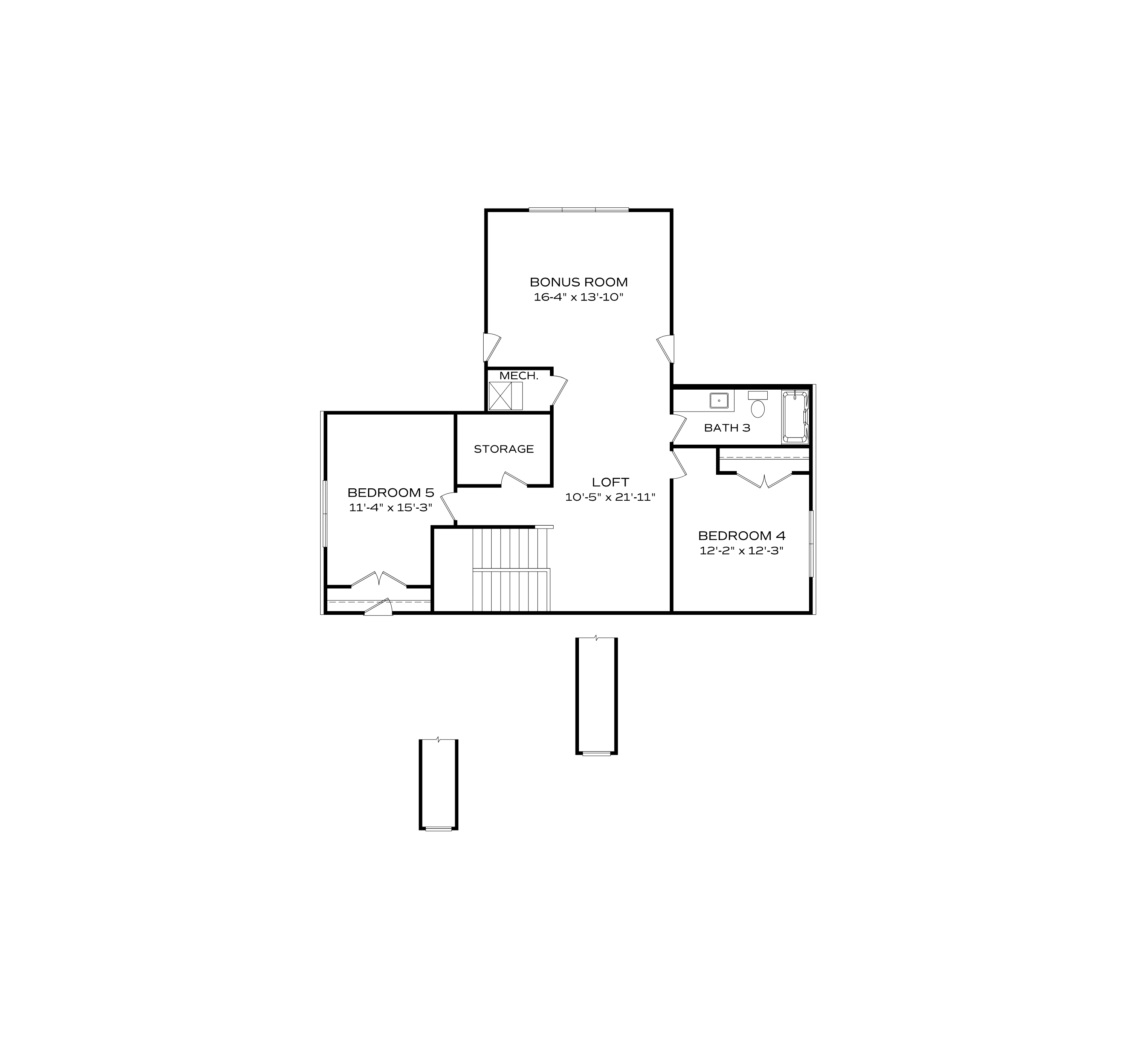 Second floor plan of The Oxford by Evermore Homes featuring bonus room, loft, four bedrooms, storage, and bath