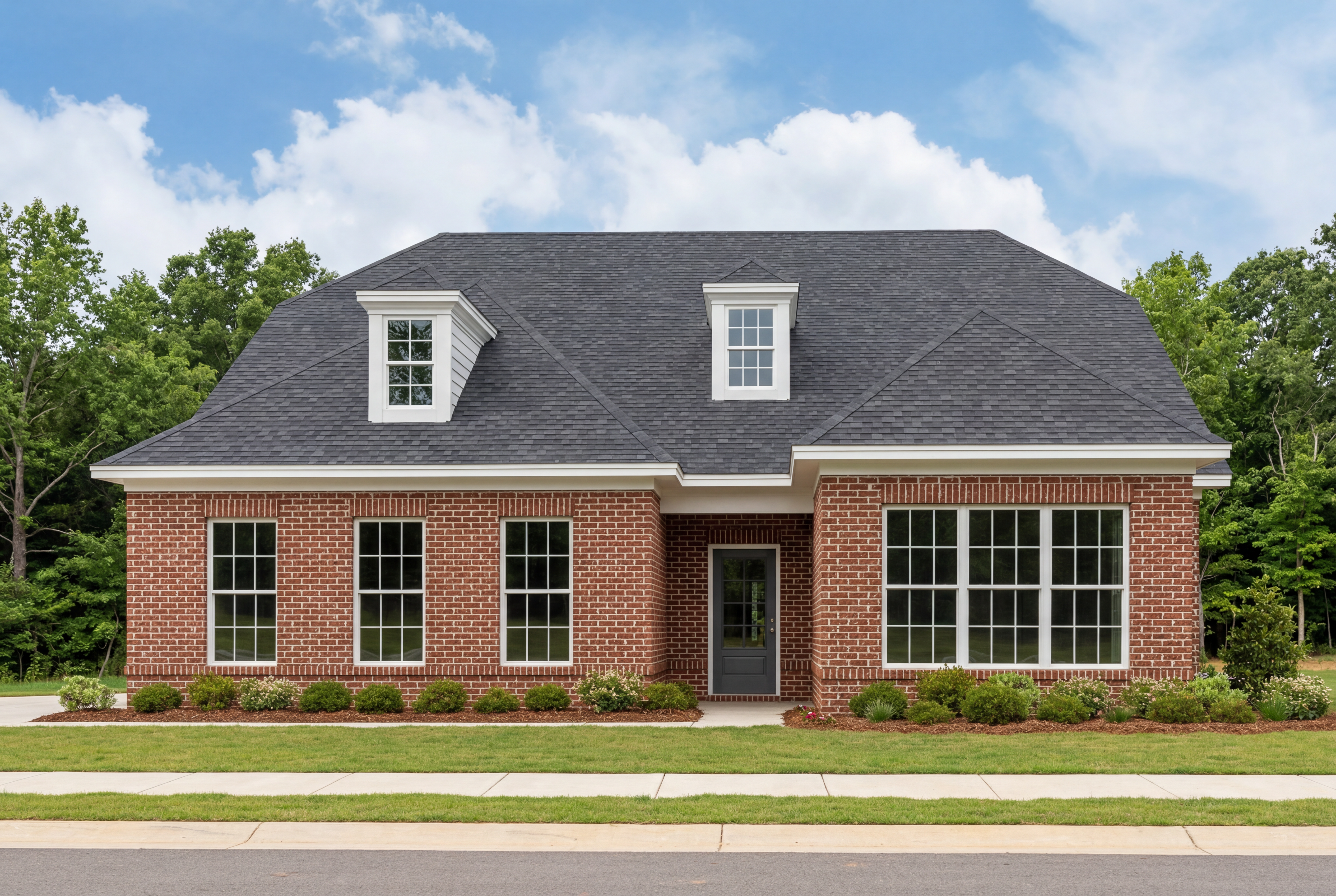 The Oxford A single-family home in Owens Cross Roads featuring classic red brick exterior and charming dormer windows.