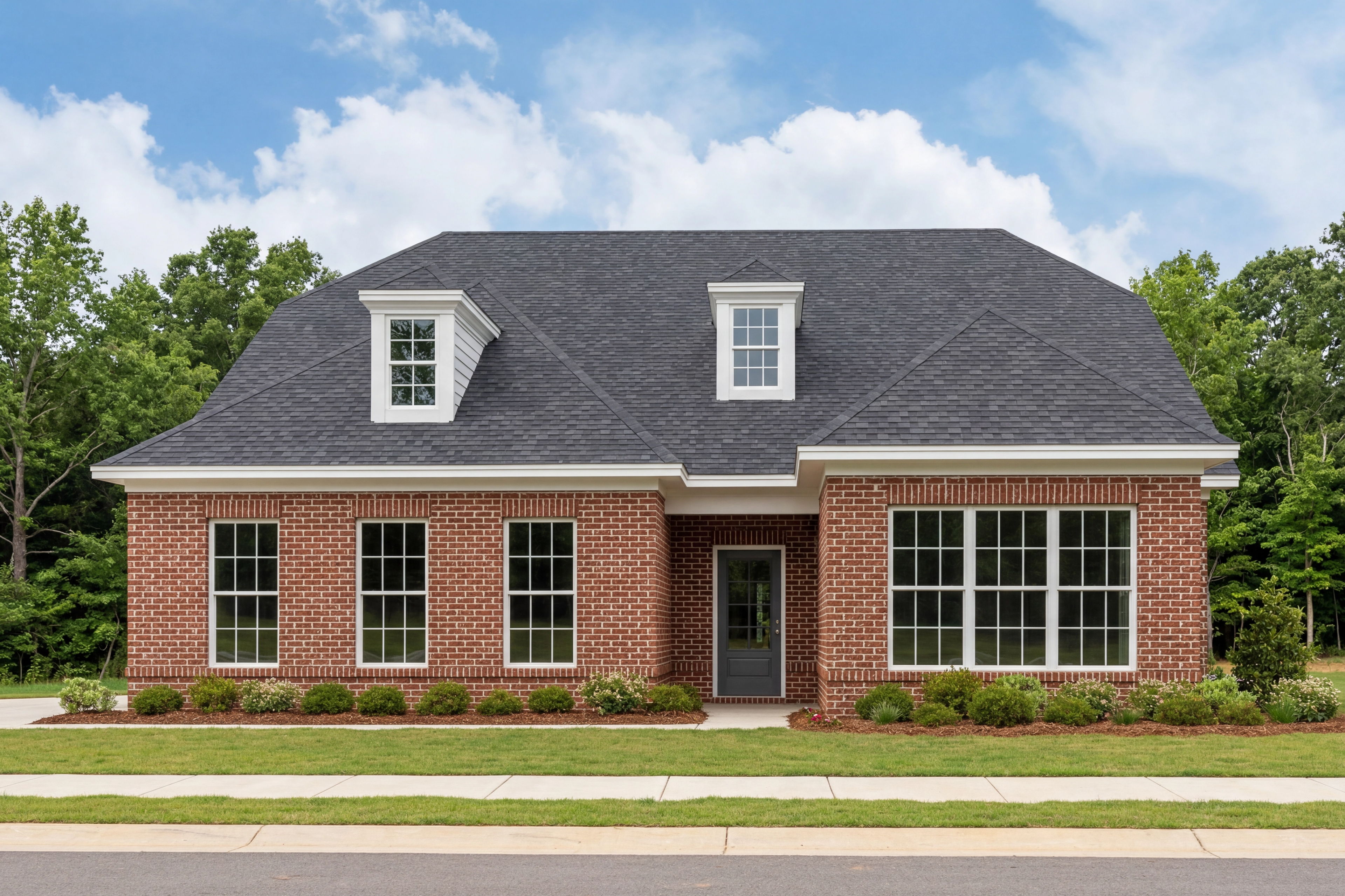 The Oxford A single-family home in Owens Cross Roads featuring classic red brick exterior and charming dormer windows.