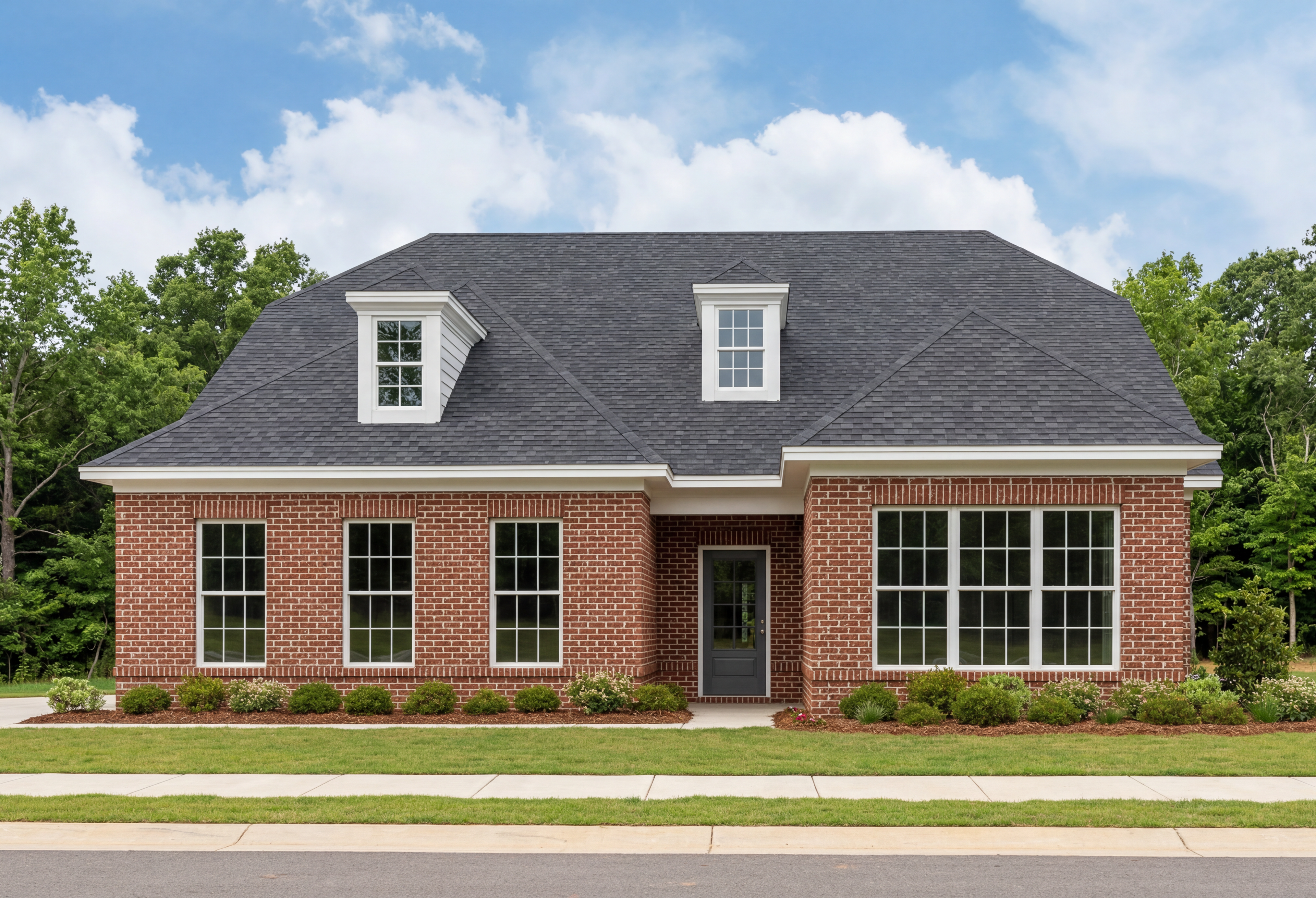 The Oxford A single-family home in Owens Cross Roads featuring classic red brick exterior and charming dormer windows.