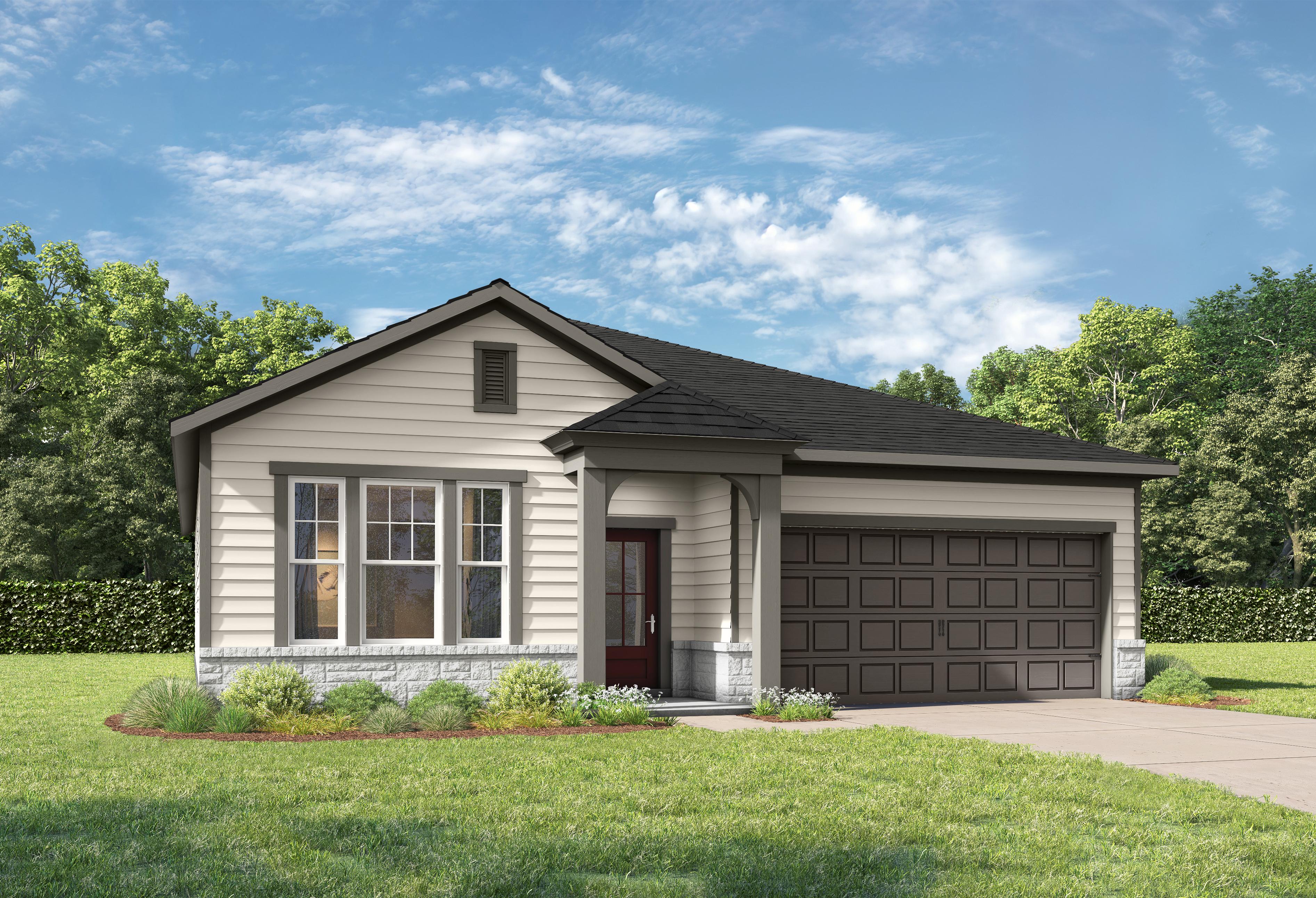 Front elevation of The Laurel I 1-story home with brick accents, composition roof, 2-car garage, and manicured lawn in San Antonio