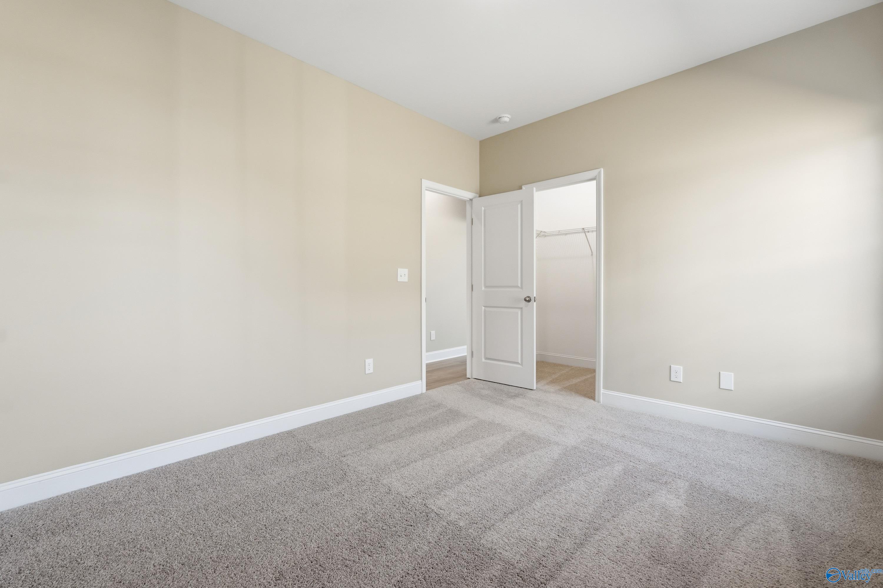 Spacious secondary bedroom with neutral beige walls, gray carpet, and walk-in closet in Davidson Homes The Rockford, Harvest, AL