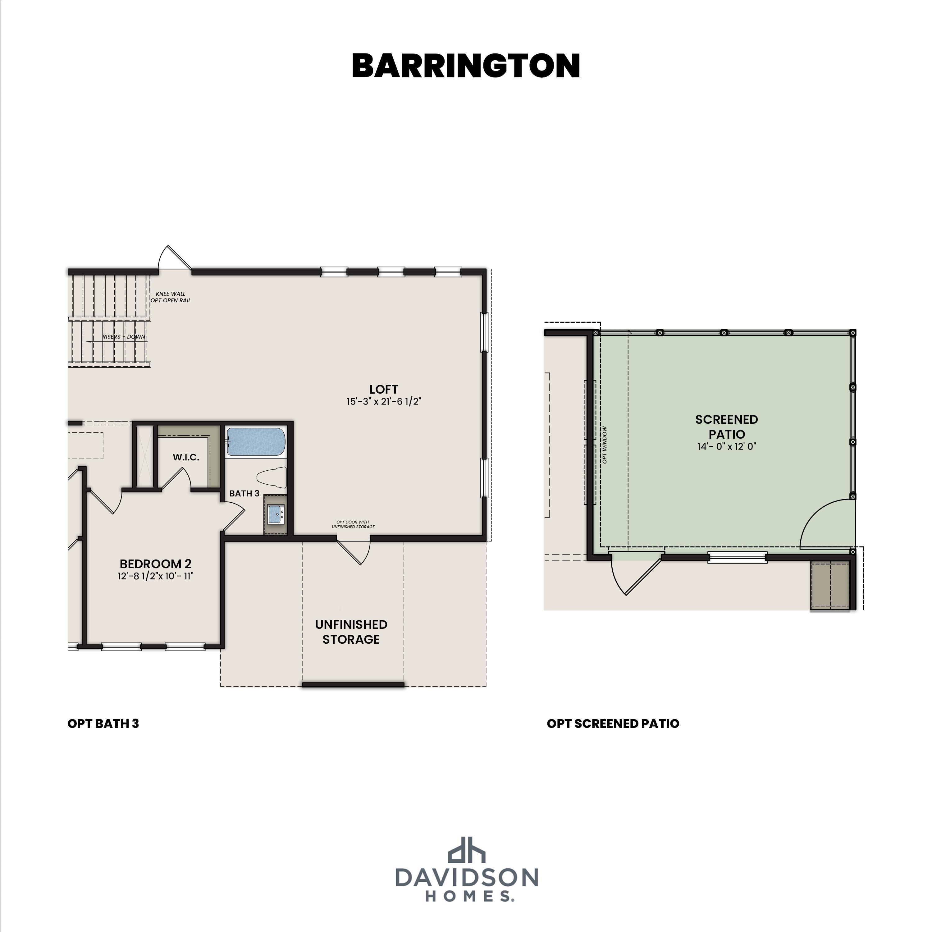 Second floor layout of The Barrington by Davidson Homes featuring loft, Bedroom 2, unfinished storage, and optional screened patio