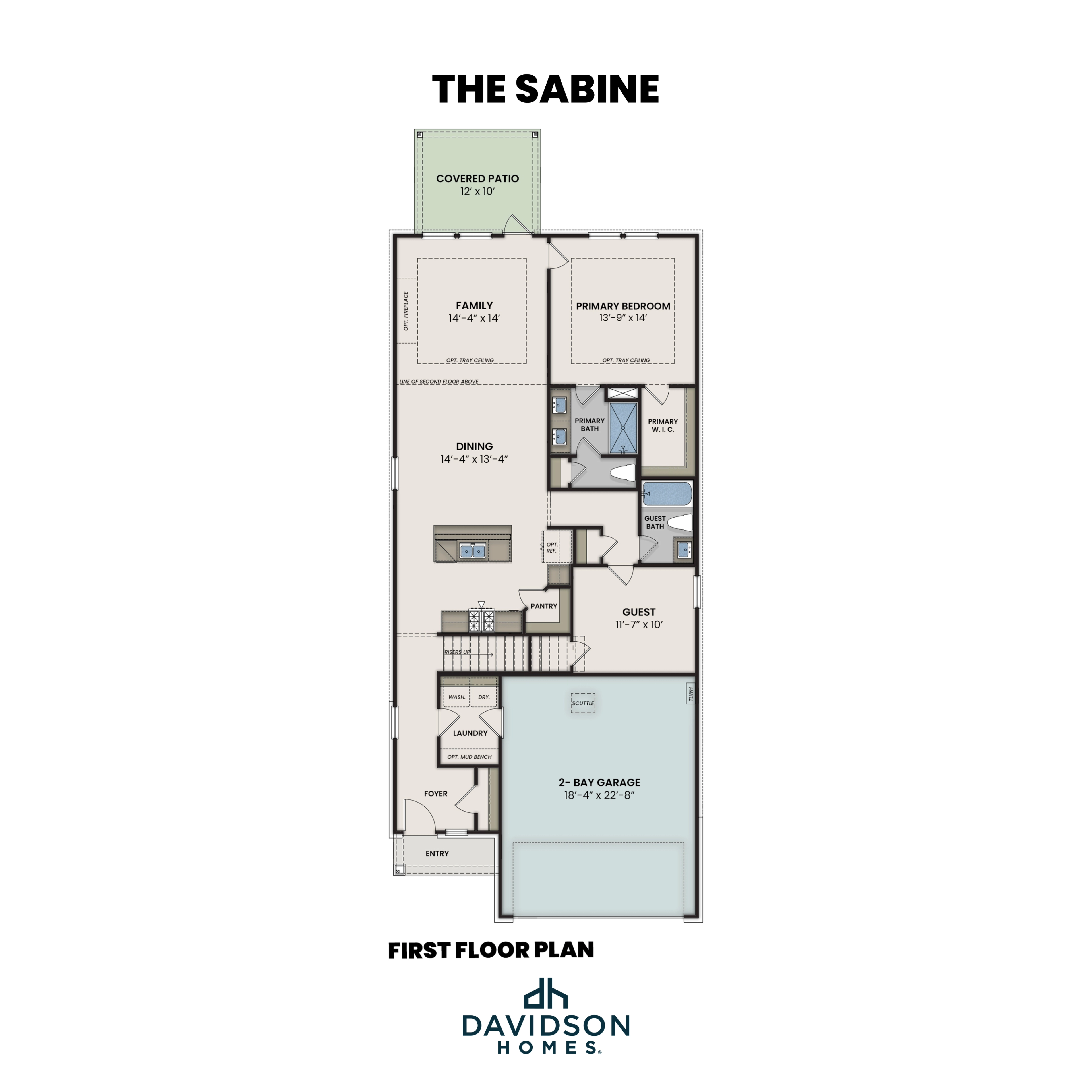 First floor plan of The Sabine showcasing primary suite, open family and dining areas, kitchen, and 2-car garage