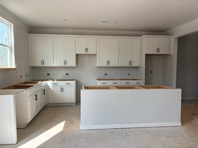 Modern white kitchen cabinets with island in open-concept layout, Davidson Homes The Hickory B, Winder, Georgia