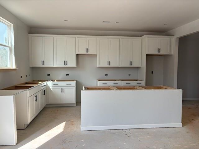Modern white kitchen cabinets with island in open-concept layout, Davidson Homes The Hickory B, Winder, Georgia