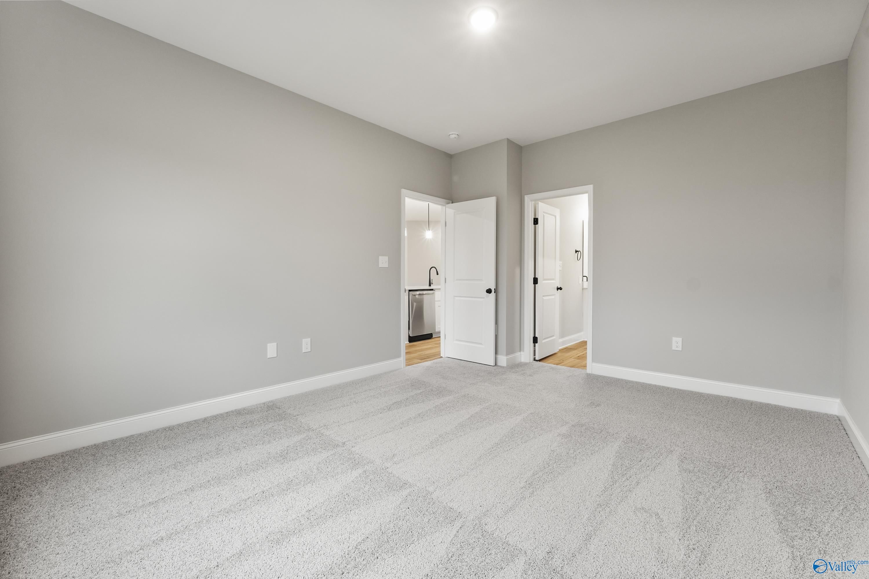 Carpeted secondary bedroom with gray walls and open en-suite bathroom door in Davidson Homes The Asheville C, Meridianville AL