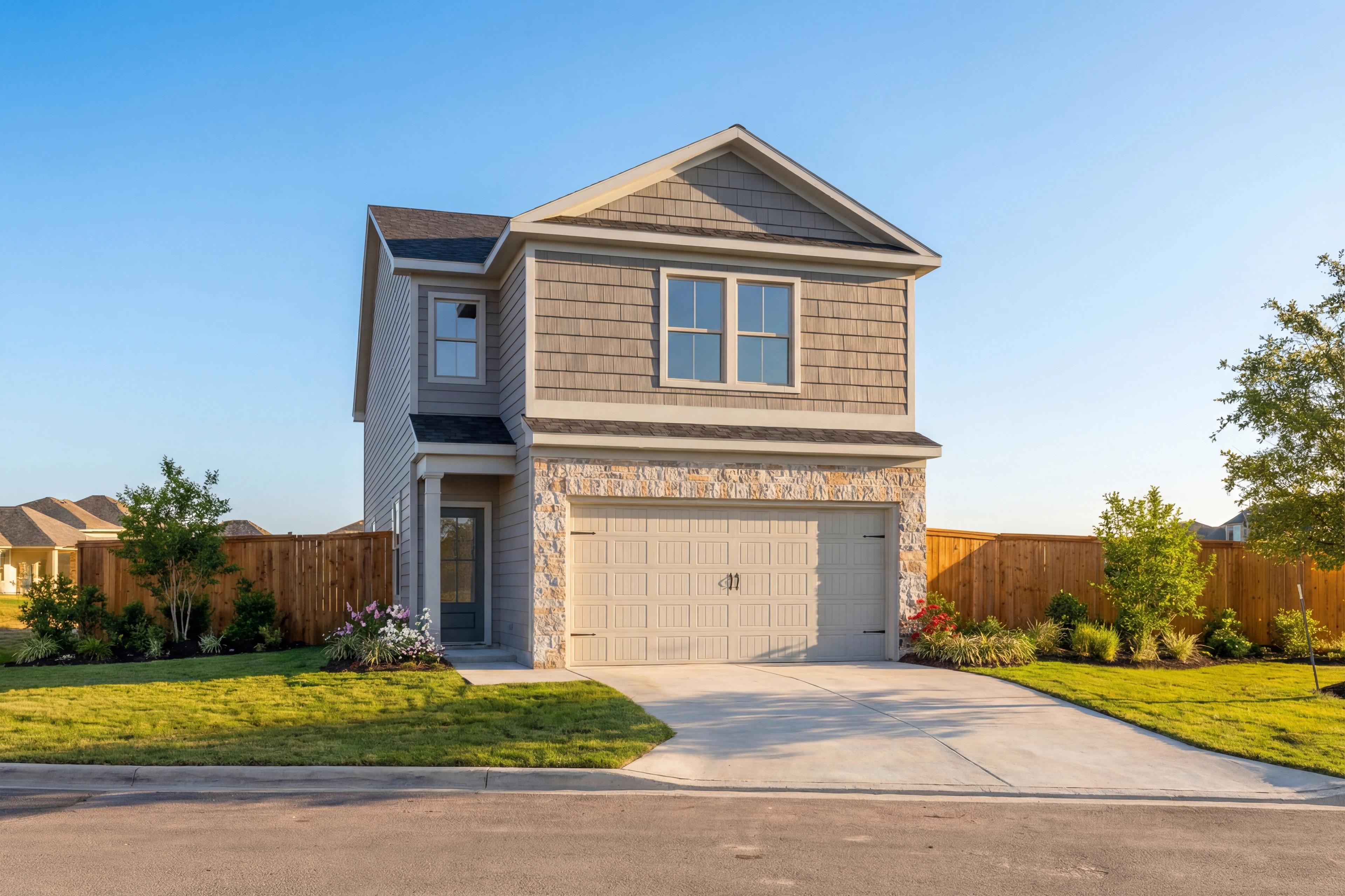 Modern two-story Florence B home elevation with stone-accented 2-car garage, siding exterior, and landscaped yard in San Antonio