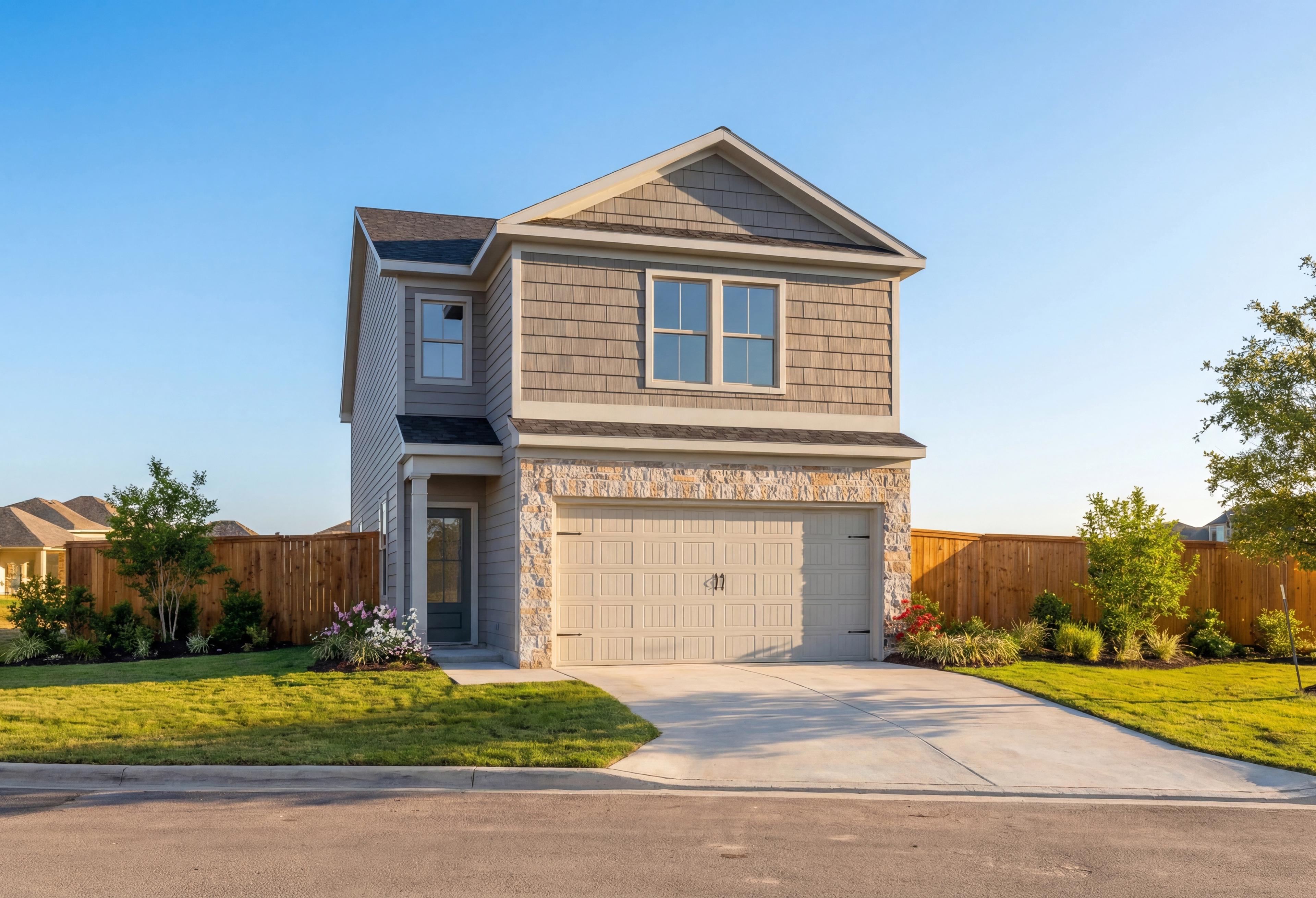 Modern two-story Florence B home elevation with stone-accented 2-car garage, siding exterior, and landscaped yard in San Antonio