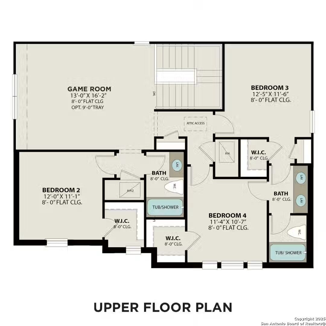 Upper floor plan of The Sequoia B showing game room, bedrooms 3-4, baths, closets in Davidson Homes Comanche Ridge, San Antonio
