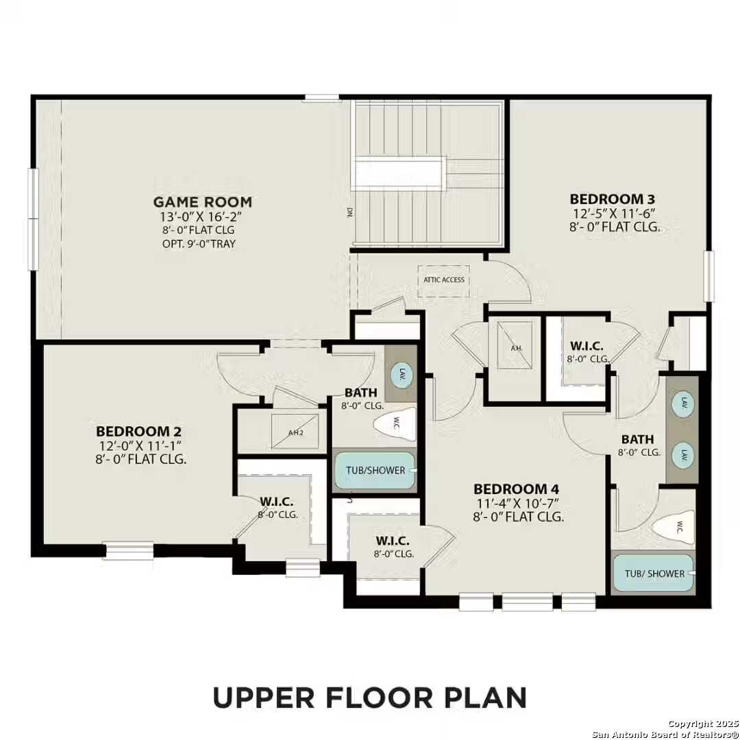 Upper floor plan of The Sequoia B showing game room, bedrooms 3-4, baths, closets in Davidson Homes Comanche Ridge, San Antonio