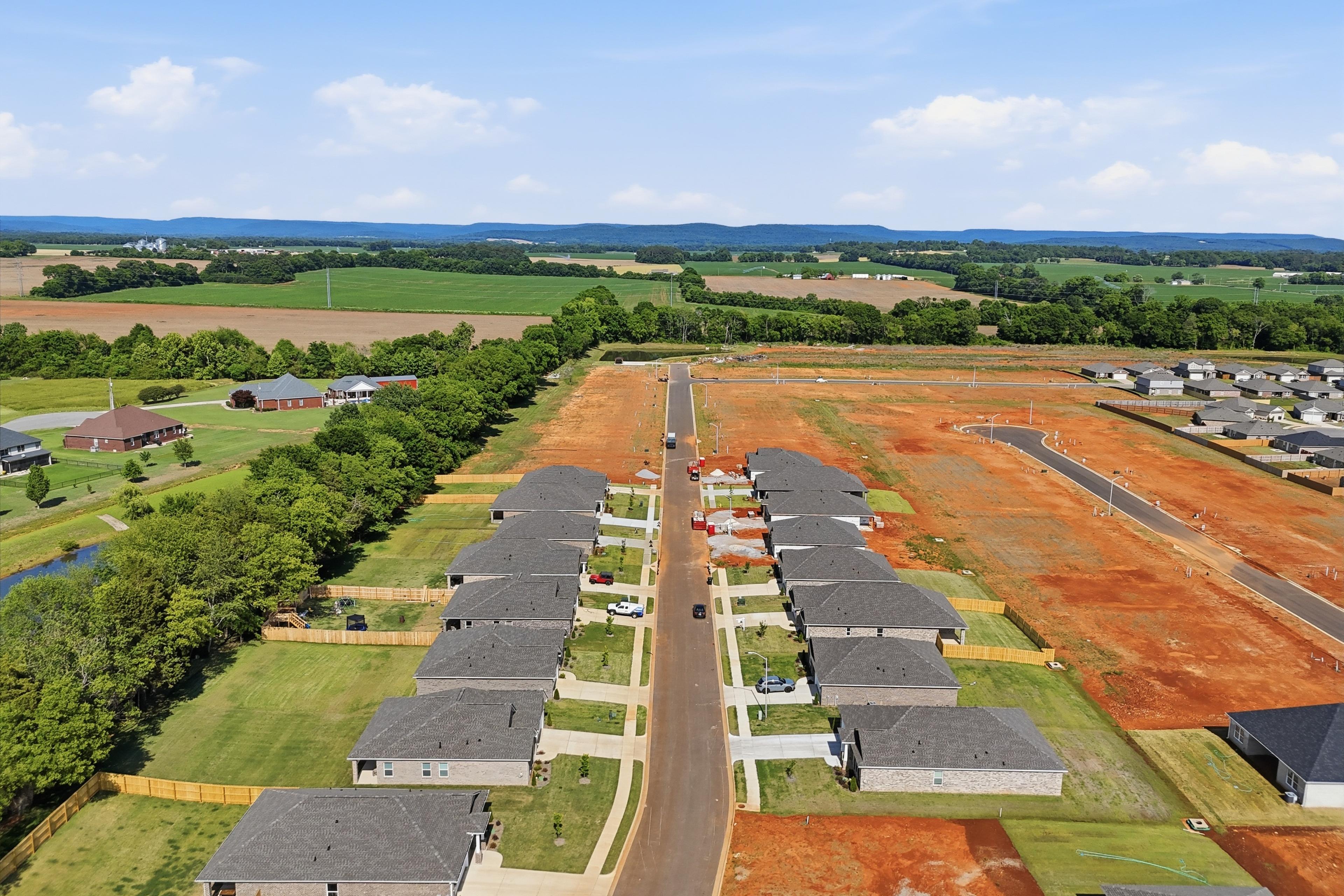 Aerial view of new Davidson Homes construction at Lynn Meadows in Meridianville, Alabama with ongoing residential development.