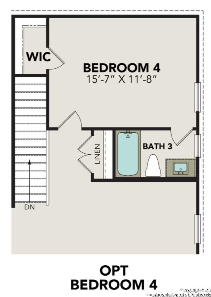 Optional 4th bedroom floor plan with 15'-7" x 11'-8" room, walk-in closet, and Bath 3 in Davidson Homes The Douglas F, San Antonio