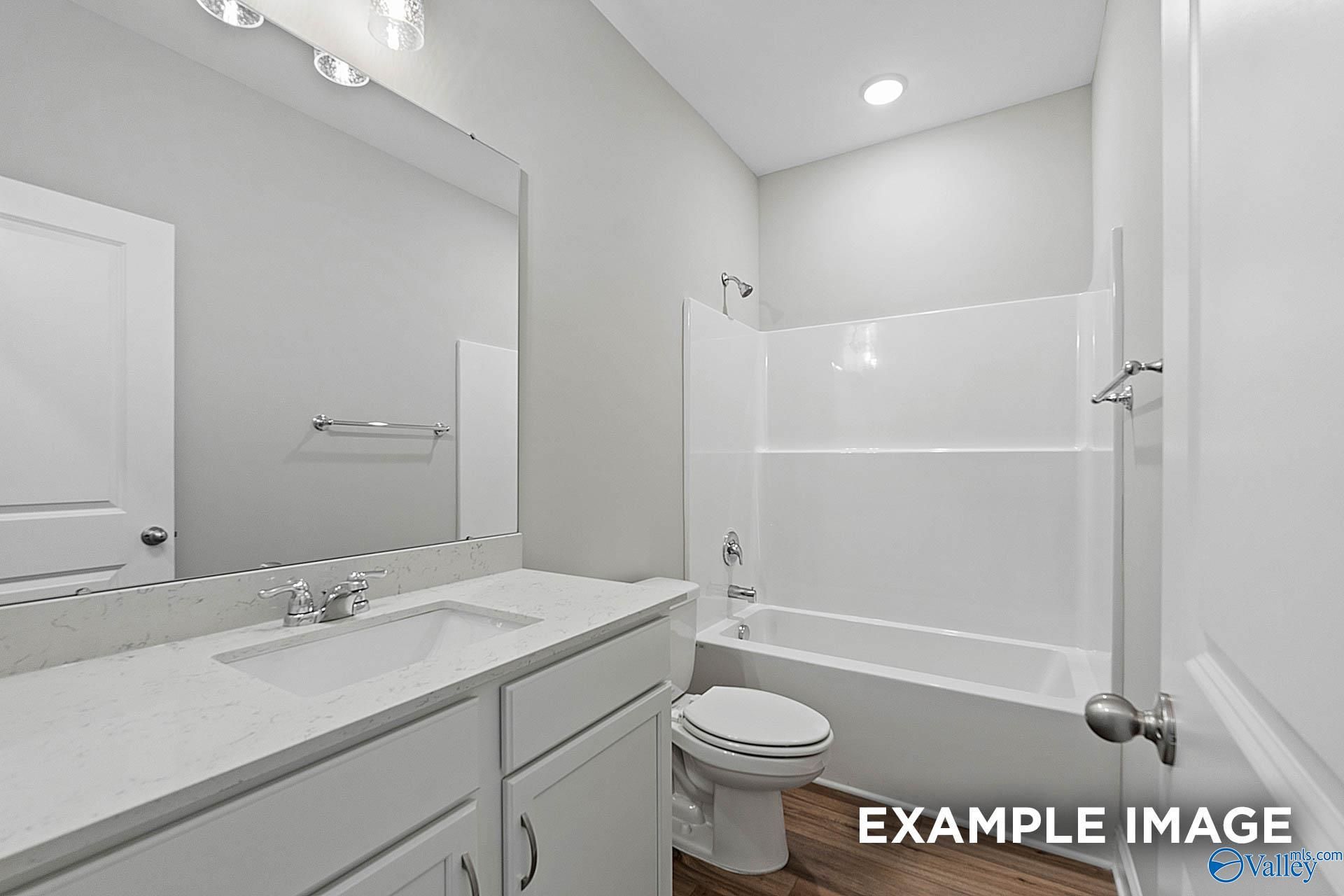 Bright bathroom with white vanity, soaking tub-shower combo, and toilet in Davidson Homes The Franklin E, Hazel Green, AL