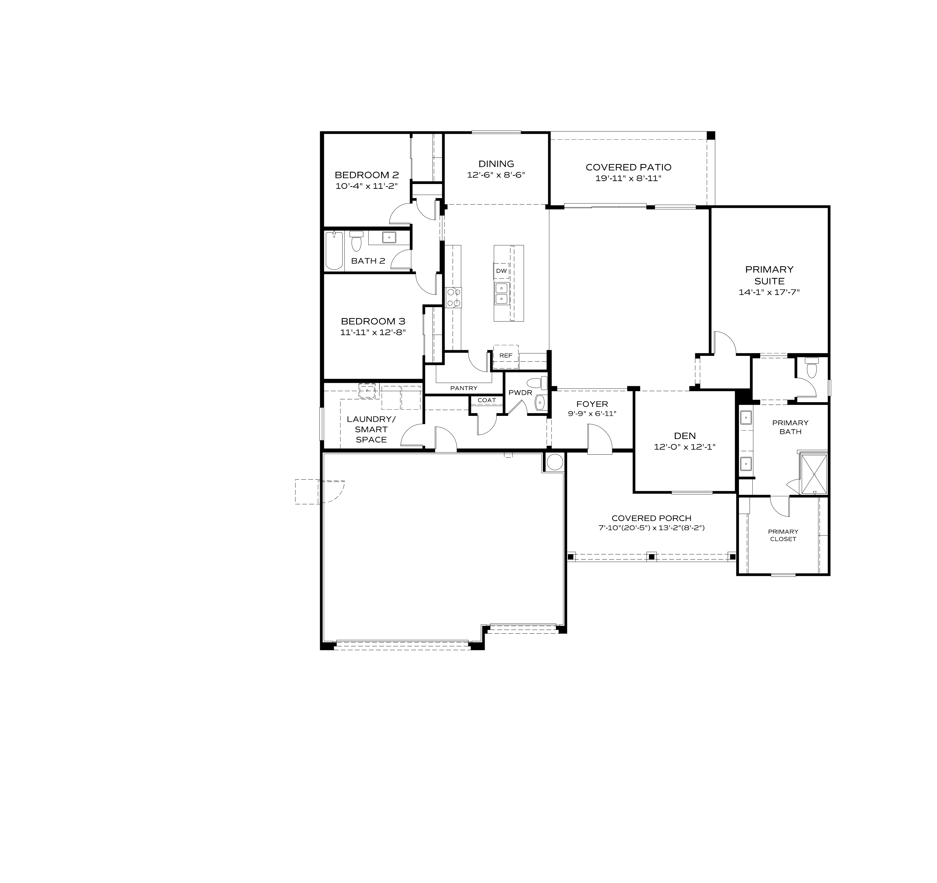 Floor plan of The Monarch B 3-bedroom single-story home with primary suite, open dining, kitchen island, and 3-car garage