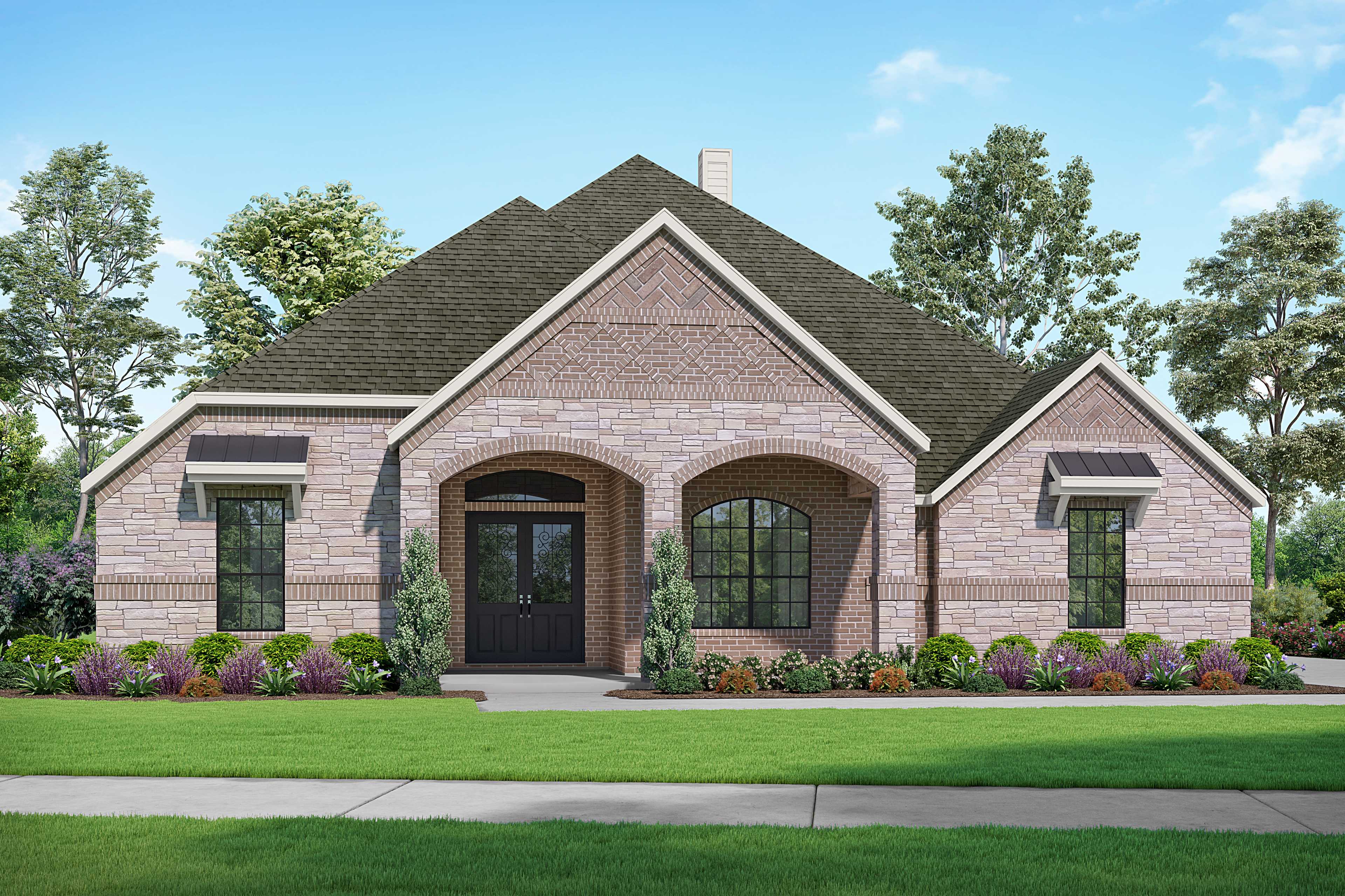 The Summerlin single-story brick home elevation by Davidson Homes in Castroville Texas featuring arched entry and landscaped yard
