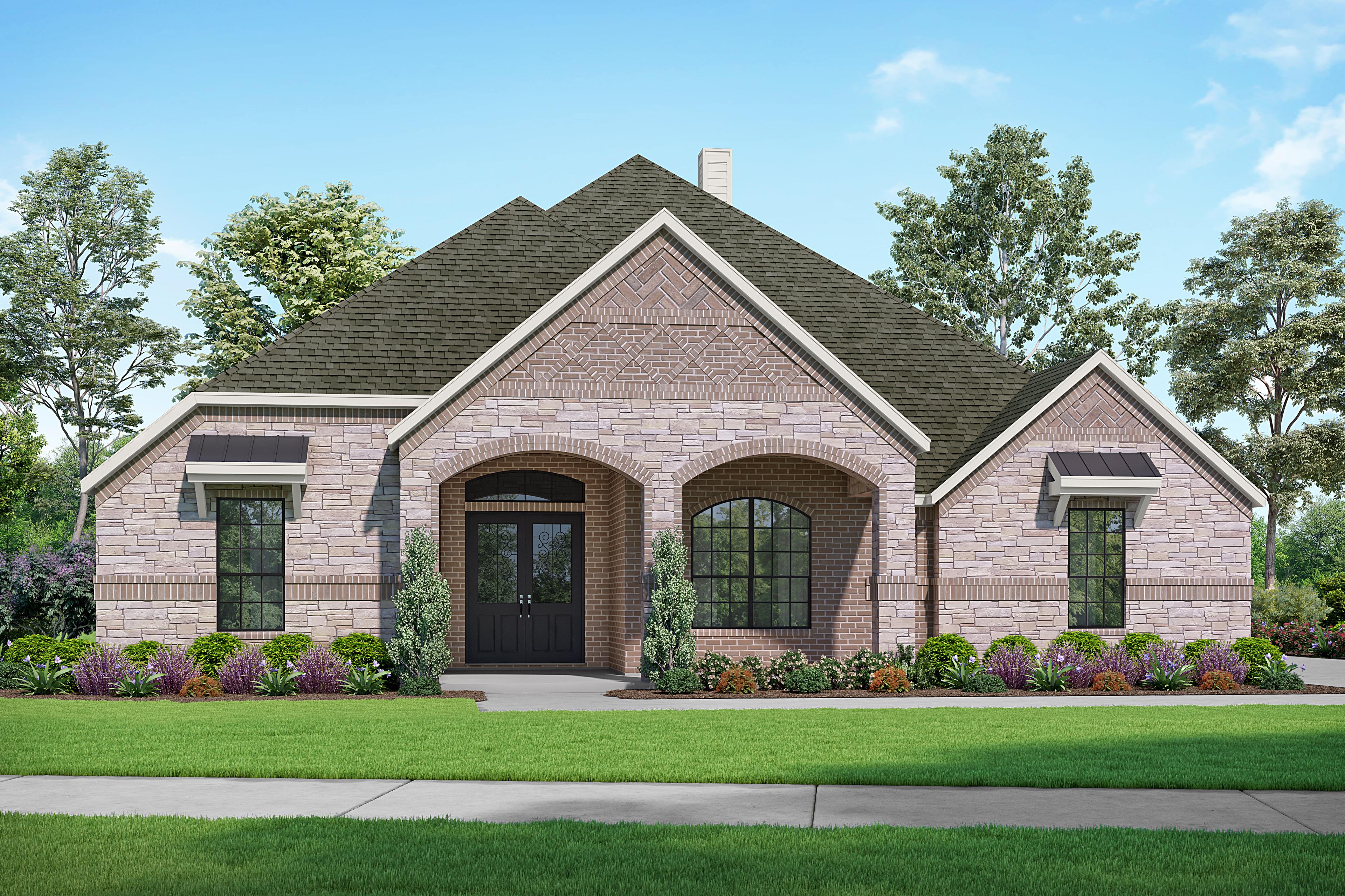 The Summerlin single-story brick home elevation by Davidson Homes in Castroville Texas featuring arched entry and landscaped yard