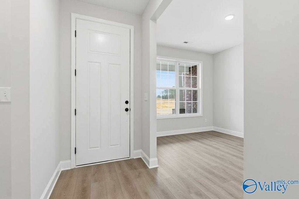 Bright entryway with open white paneled door, window overlooking yard, light wood floors in Davidson Homes The Rockford B, Hartselle, AL