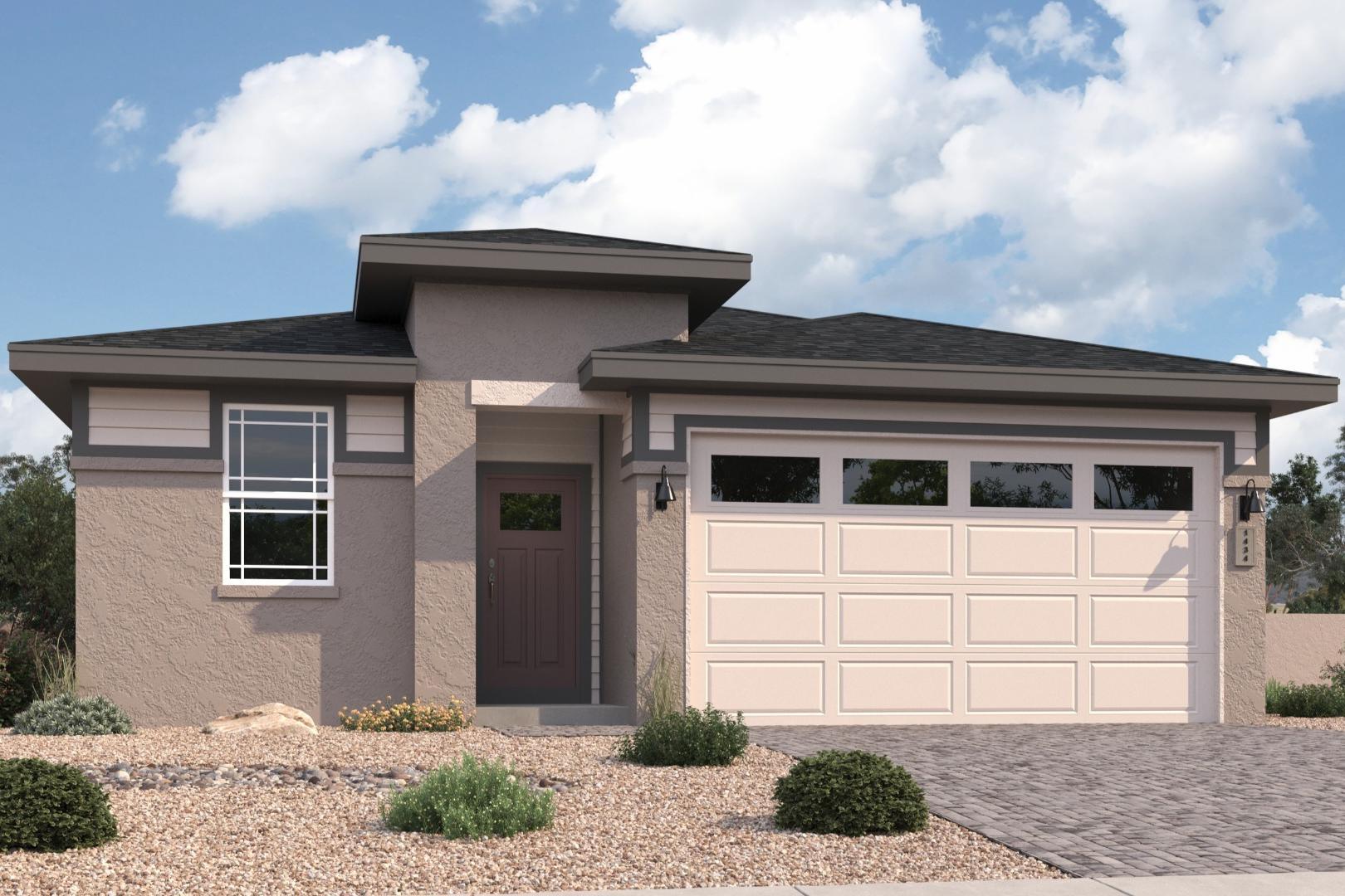Modern single-story elevation of The Coronado A showcasing beige siding, 2-car garage, and desert landscaping in Prescott, Arizona