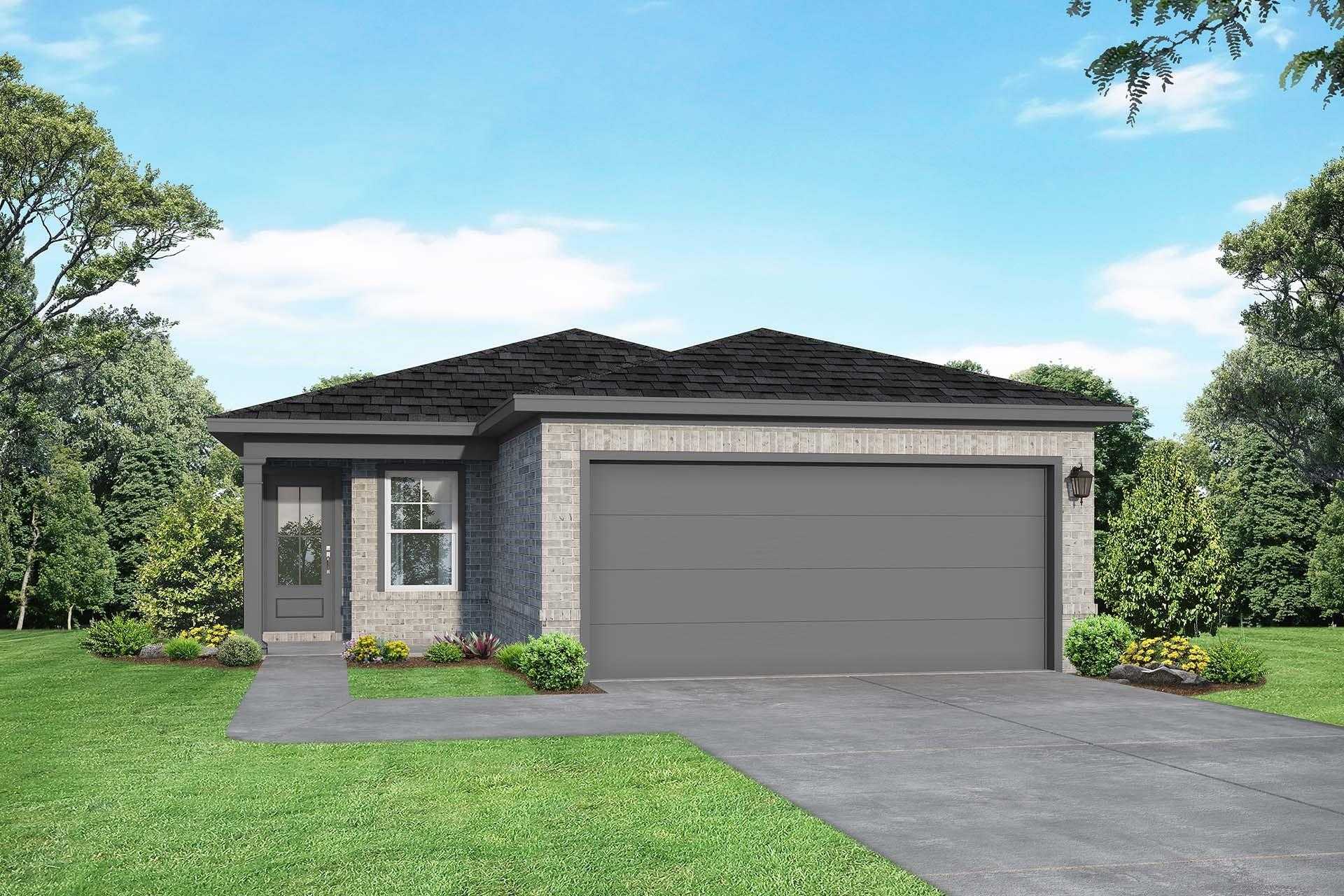 Modern 1-story brick home with 2-car garage, dark roof, landscaped yard and trees in Caney Creek Place, Conroe, Texas by Davidson Homes The Colorado F