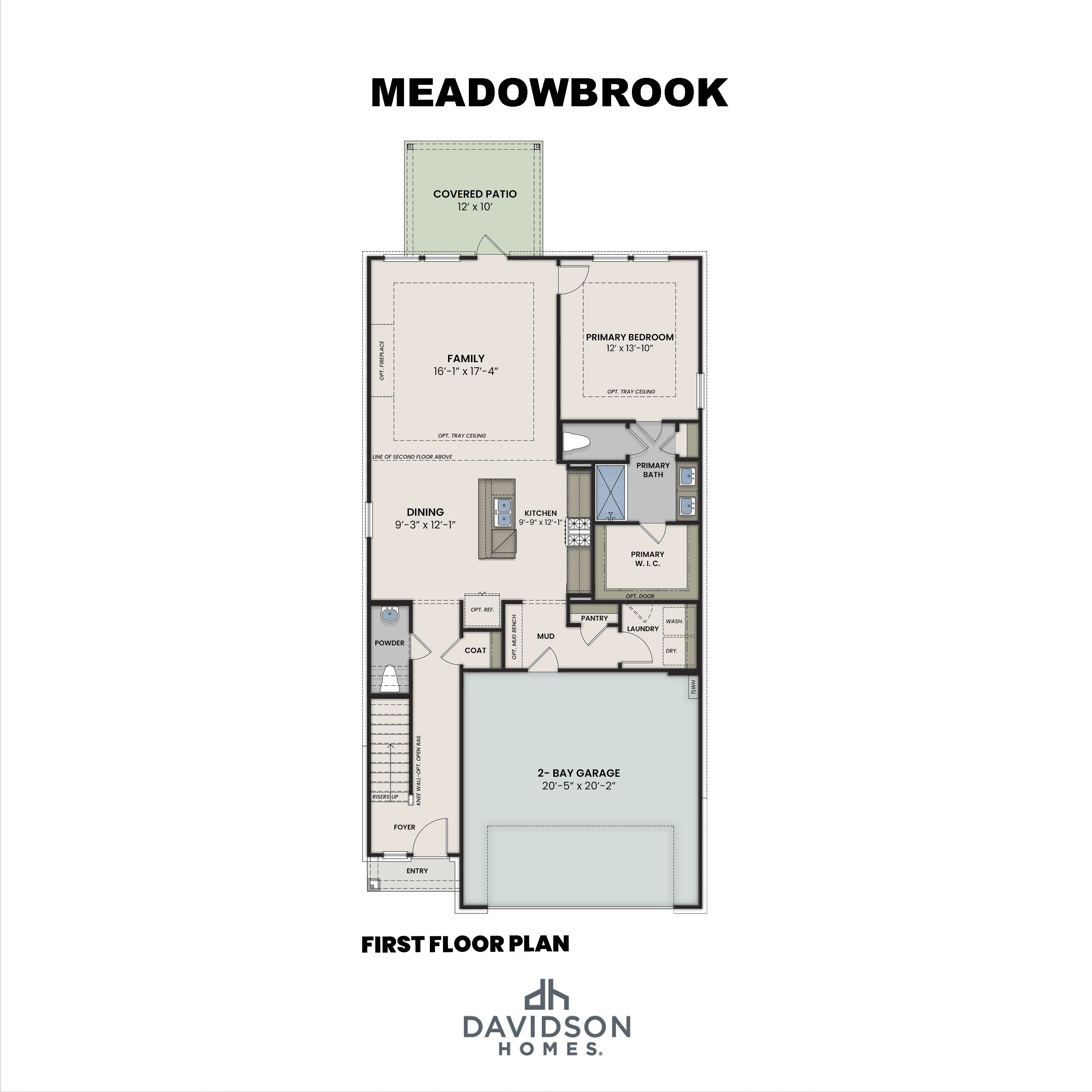 First floor plan of The Meadowbrook A showcasing primary suite, open kitchen, family room, dining, and 2-car garage