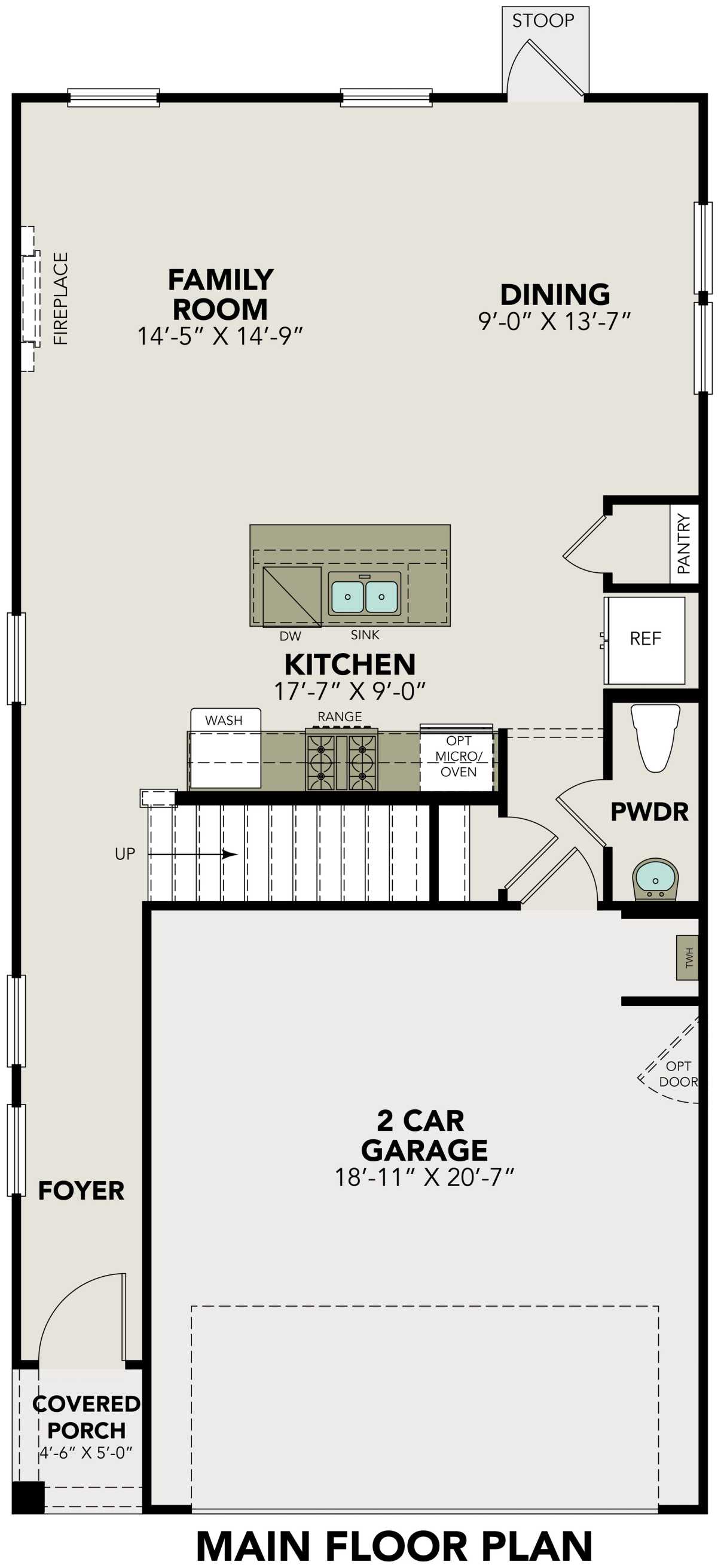 The Charlotte B main floor plan with open kitchen, family room, 2-car garage in 3-bed Davidson Homes, San Antonio