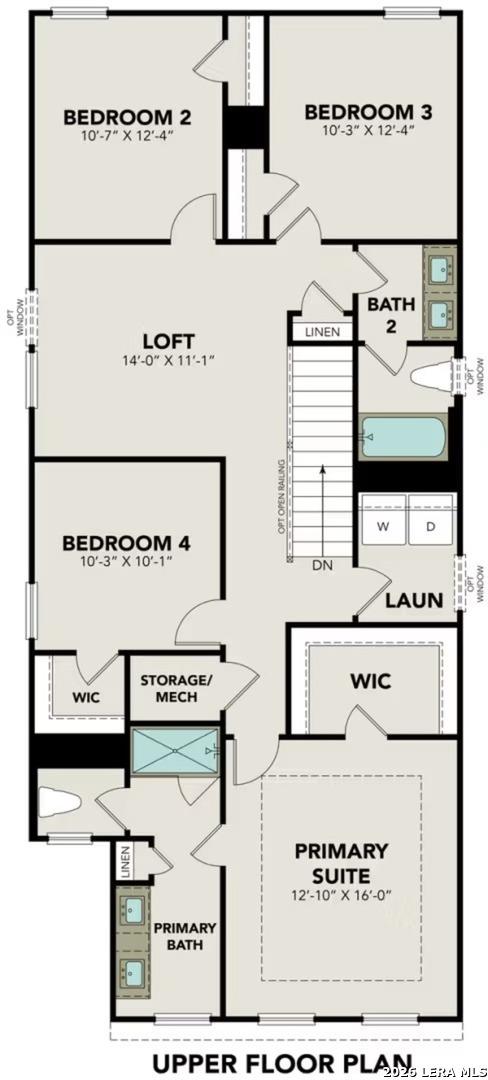 Upper floor plan of Gillian A 5-bedroom home: primary suite 12'10"x16', loft 14'x11', bedrooms 2-4, bath 2 in Cedar Heights, San Antonio