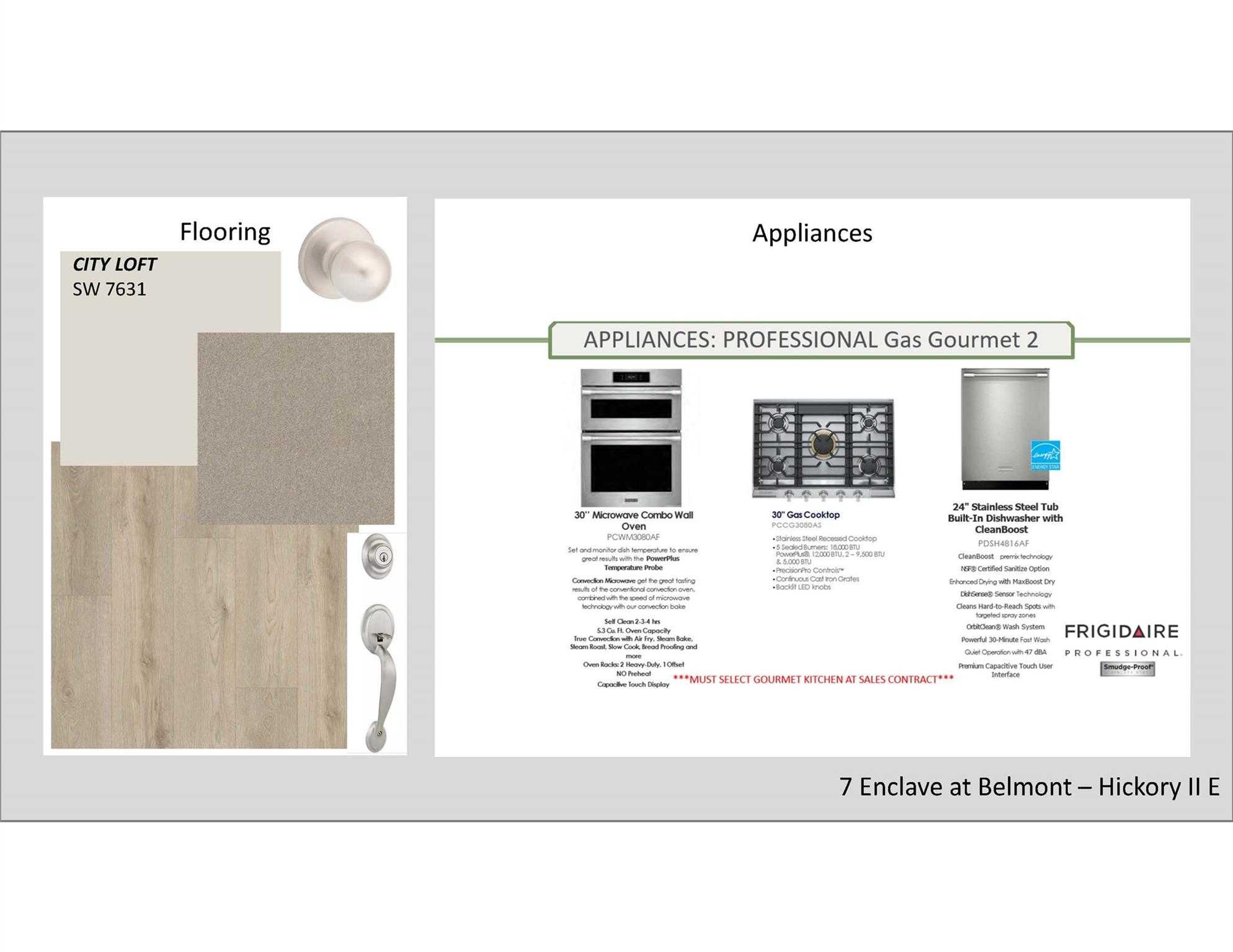 Neutral SW 7531 flooring with light oak and Frigidaire stainless gas appliances for Hickory E II kitchen in Enclave at Belmont, NC