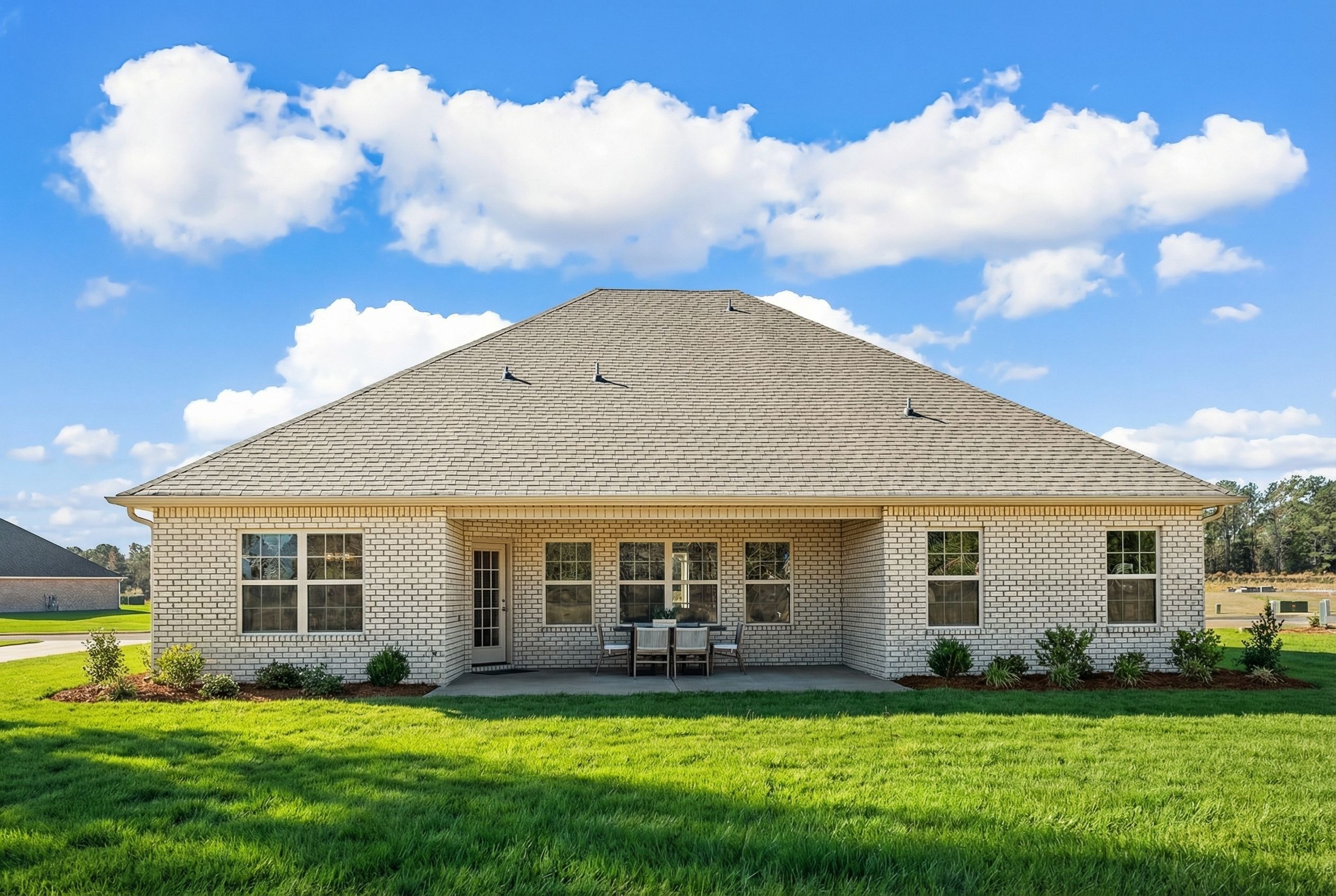 Back exterior of beige brick home at Cain Park in Hartselle Alabama with covered patio and outdoor seating