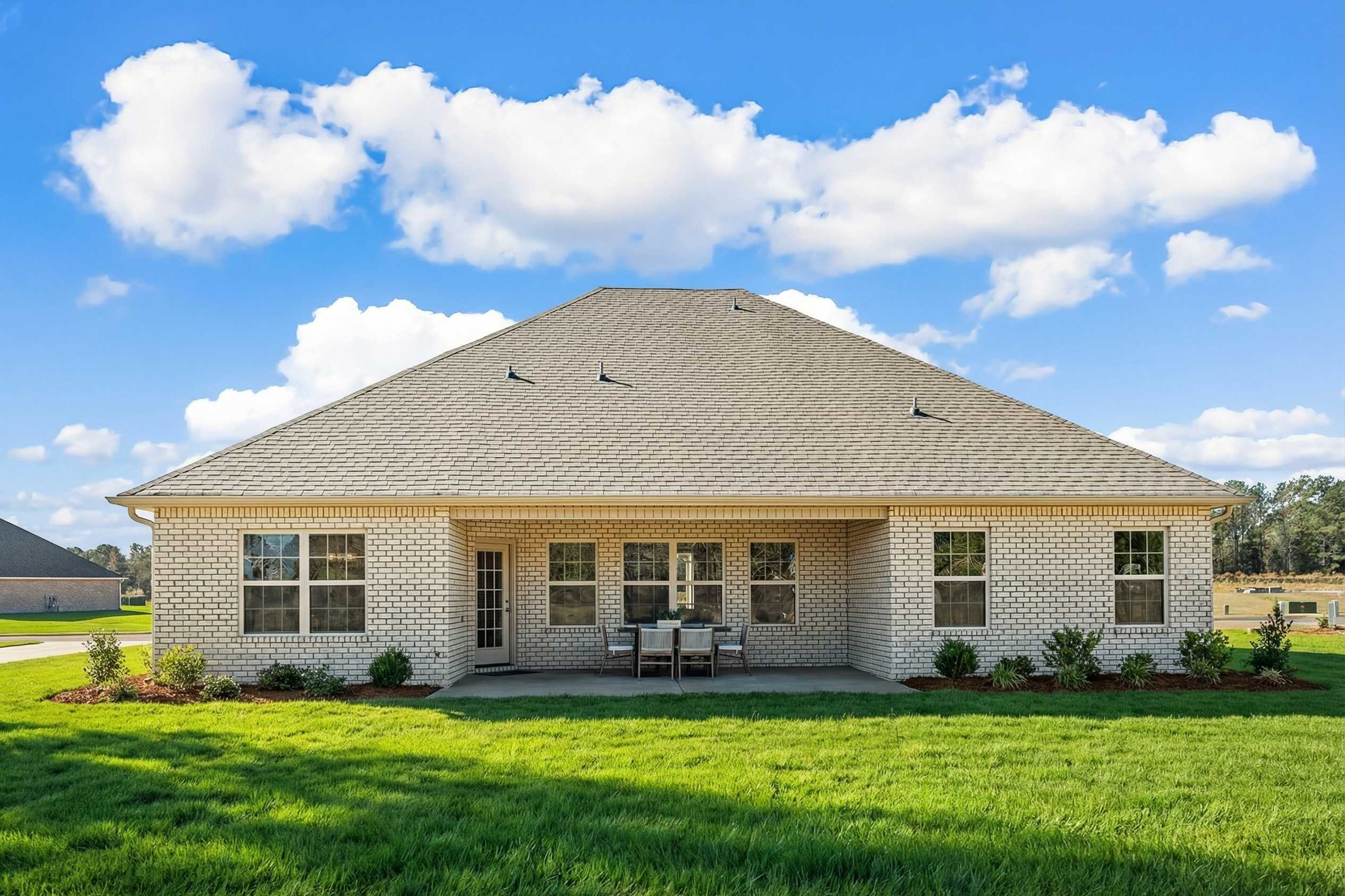Back exterior of beige brick home at Cain Park in Hartselle Alabama with covered patio and outdoor seating