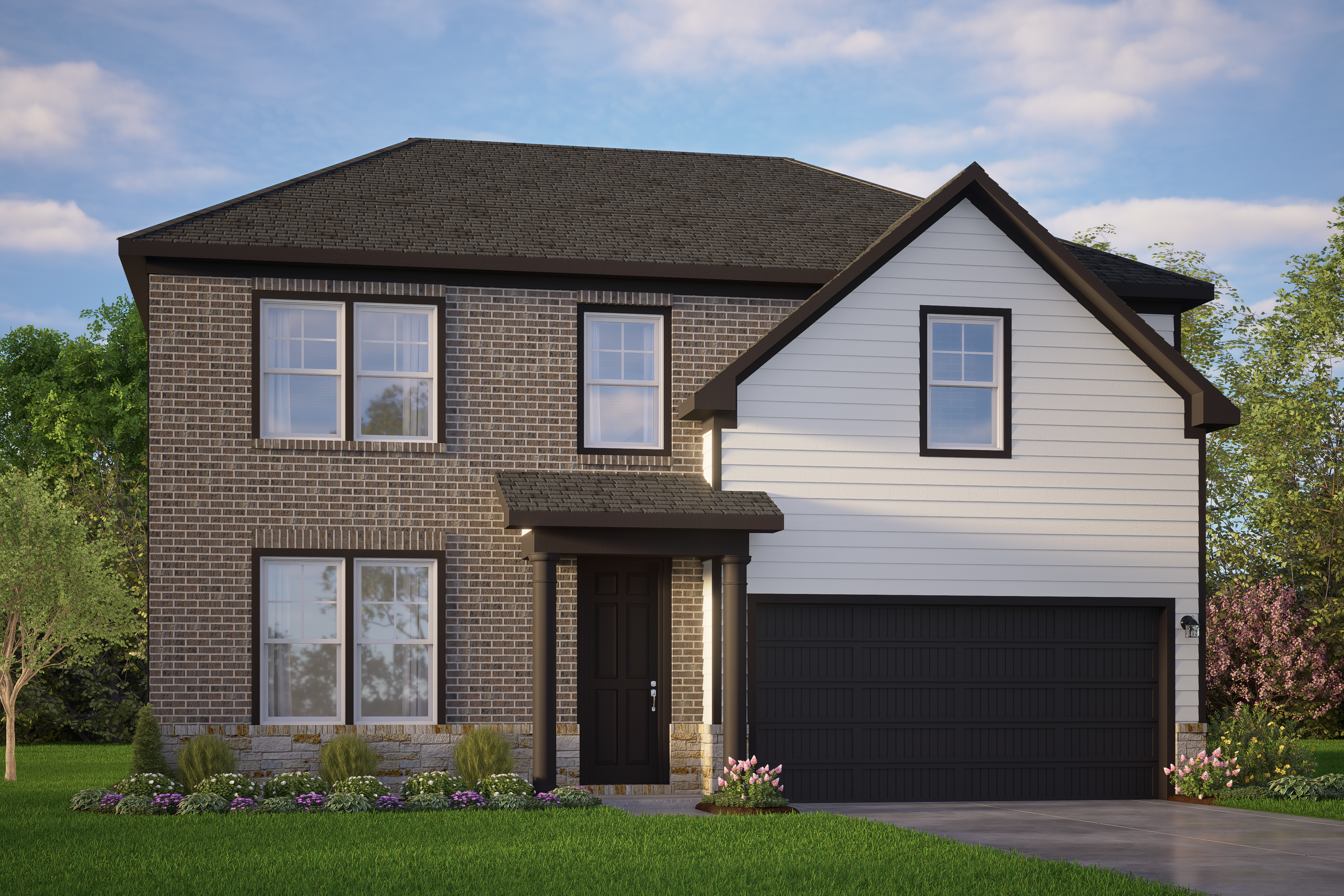 Modern two-story Murray G home elevation with brick and white siding, black roof, two-car garage, front porch in San Antonio