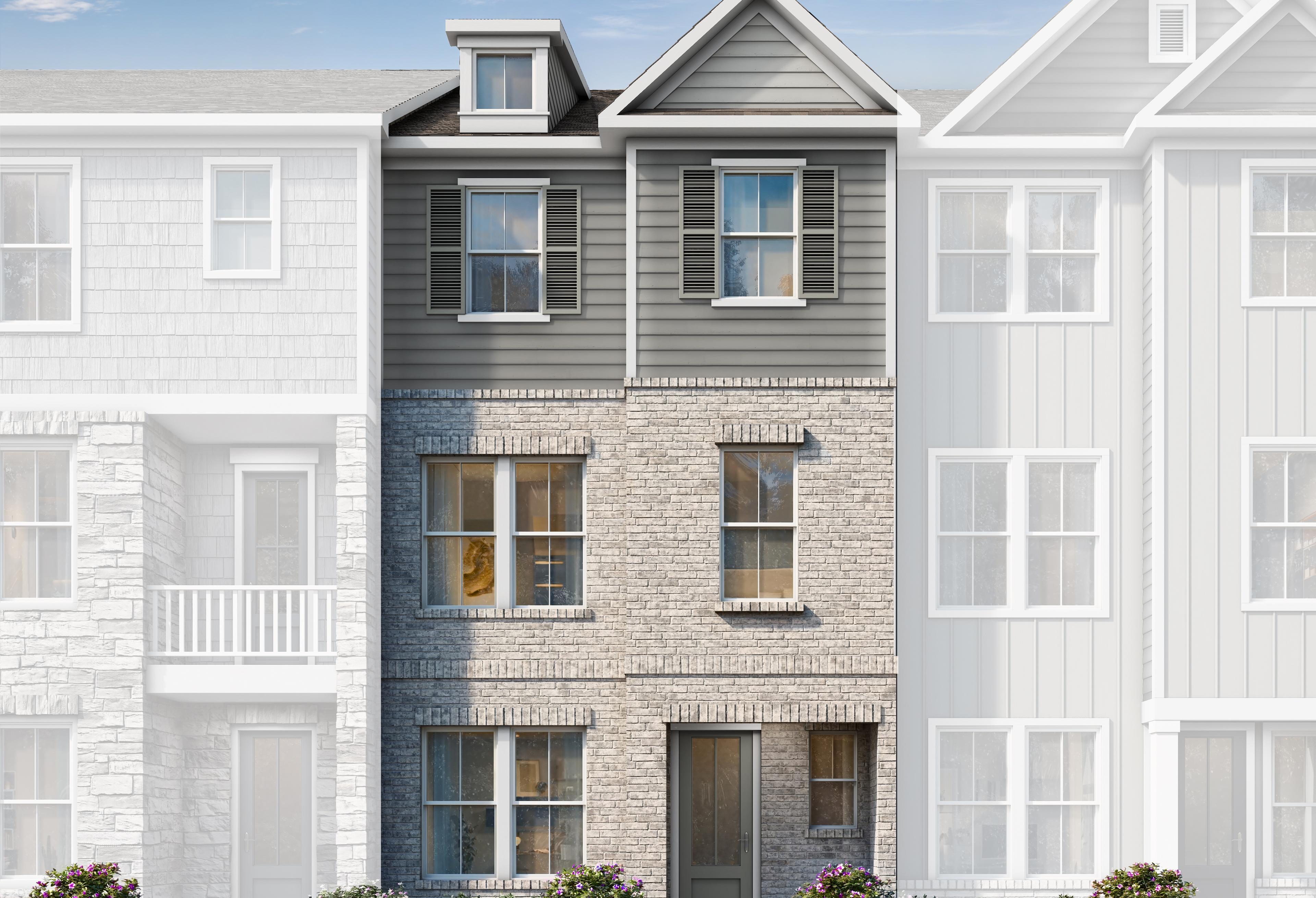 Three-story The Lincoln A townhome elevation by Davidson Homes in Woodstock, GA, featuring brick base, gray siding, dormer, and balcony