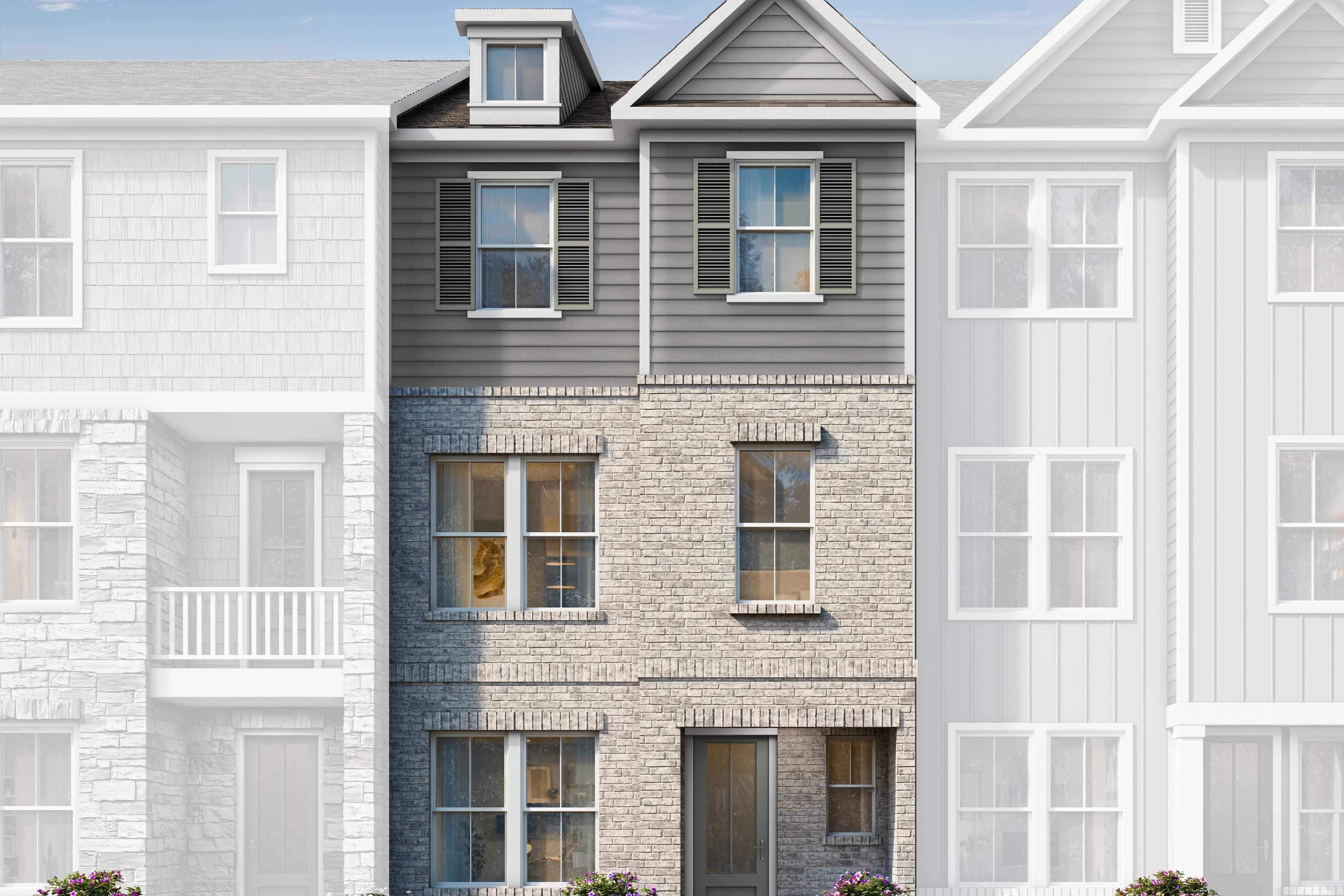 Three-story The Lincoln A townhome elevation by Davidson Homes in Woodstock, GA, featuring brick base, gray siding, dormer, and balcony