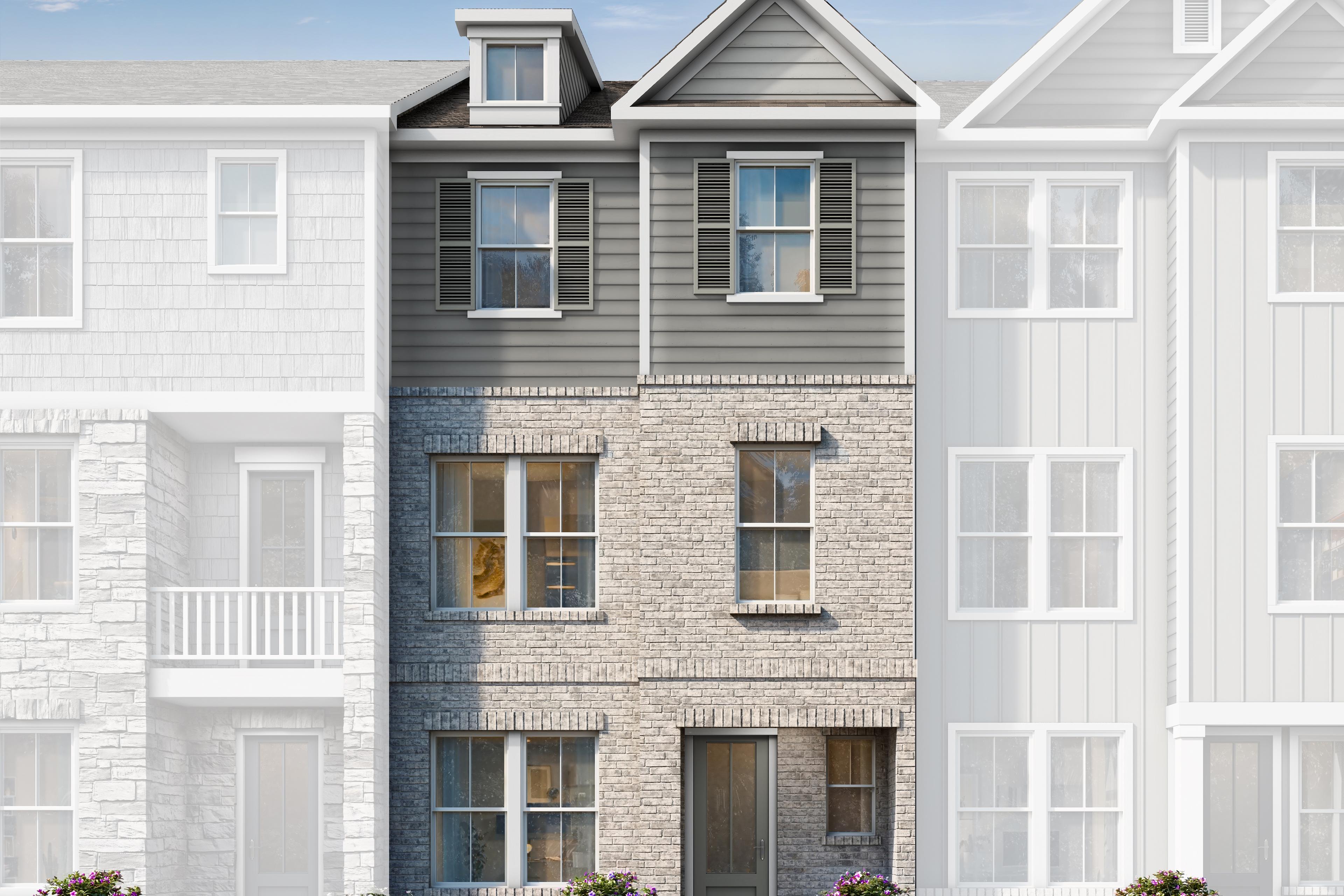 Three-story The Lincoln A townhome elevation by Davidson Homes in Woodstock, GA, featuring brick base, gray siding, dormer, and balcony