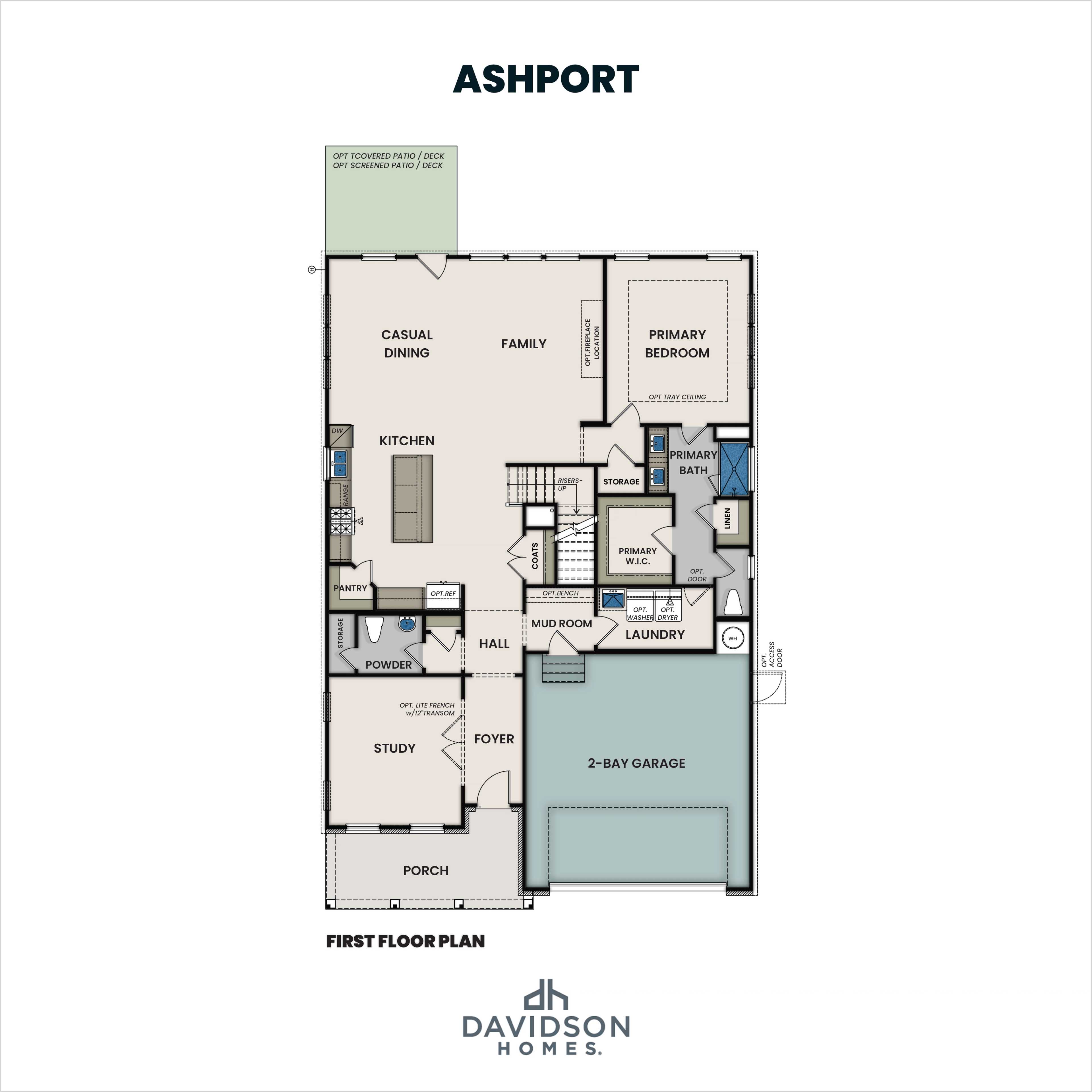 Ashport first floor plan by Davidson Homes: open kitchen, family room, master suite, study, and 2-car garage in Mooresville NC