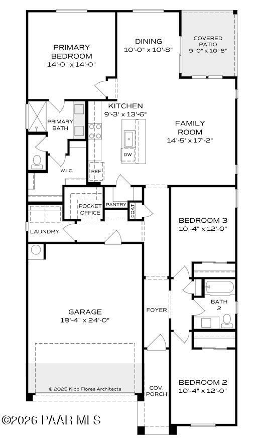 The Newport C floor plan: 3-bed, 2-bath, 1,581 sq ft single-story home with open kitchen, family room, 2-car garage in Prescott, Arizona