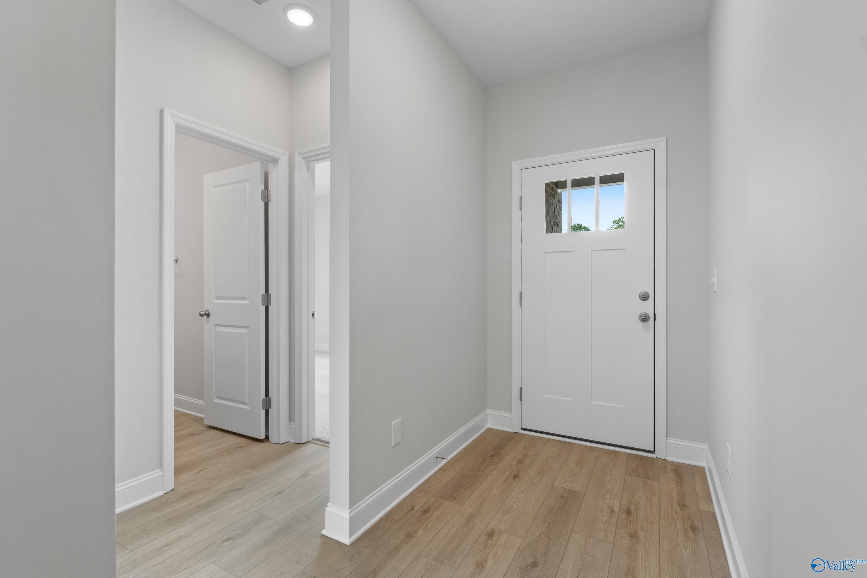 Bright entryway with light wood floors, white walls, and glass-paneled front door in Davidson Homes The Asheville, Huntsville AL