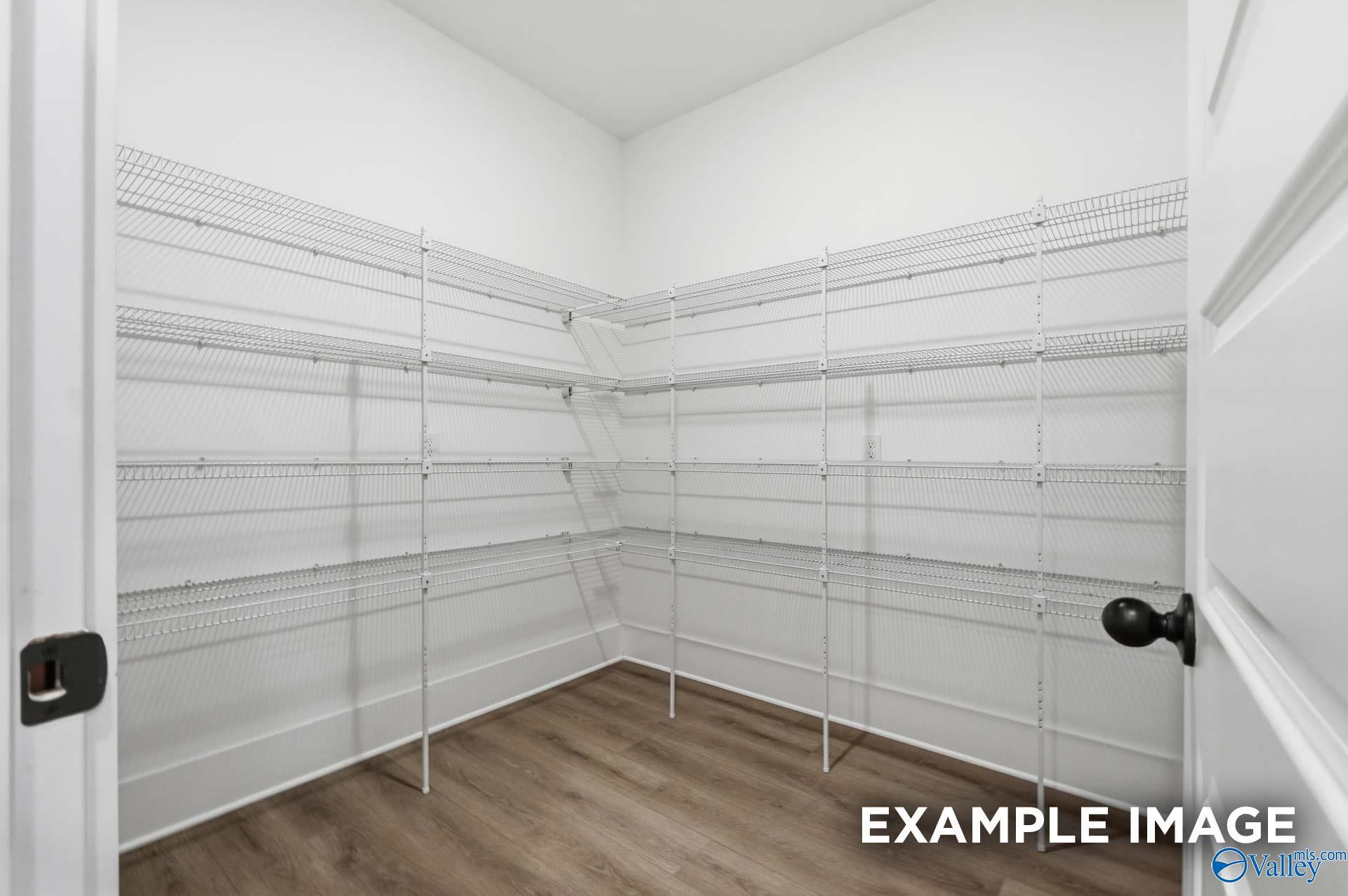 Walk-in pantry with white wire shelving in The Finleigh floor plan by Davidson Homes in Briercreek, Meridianville, Alabama.