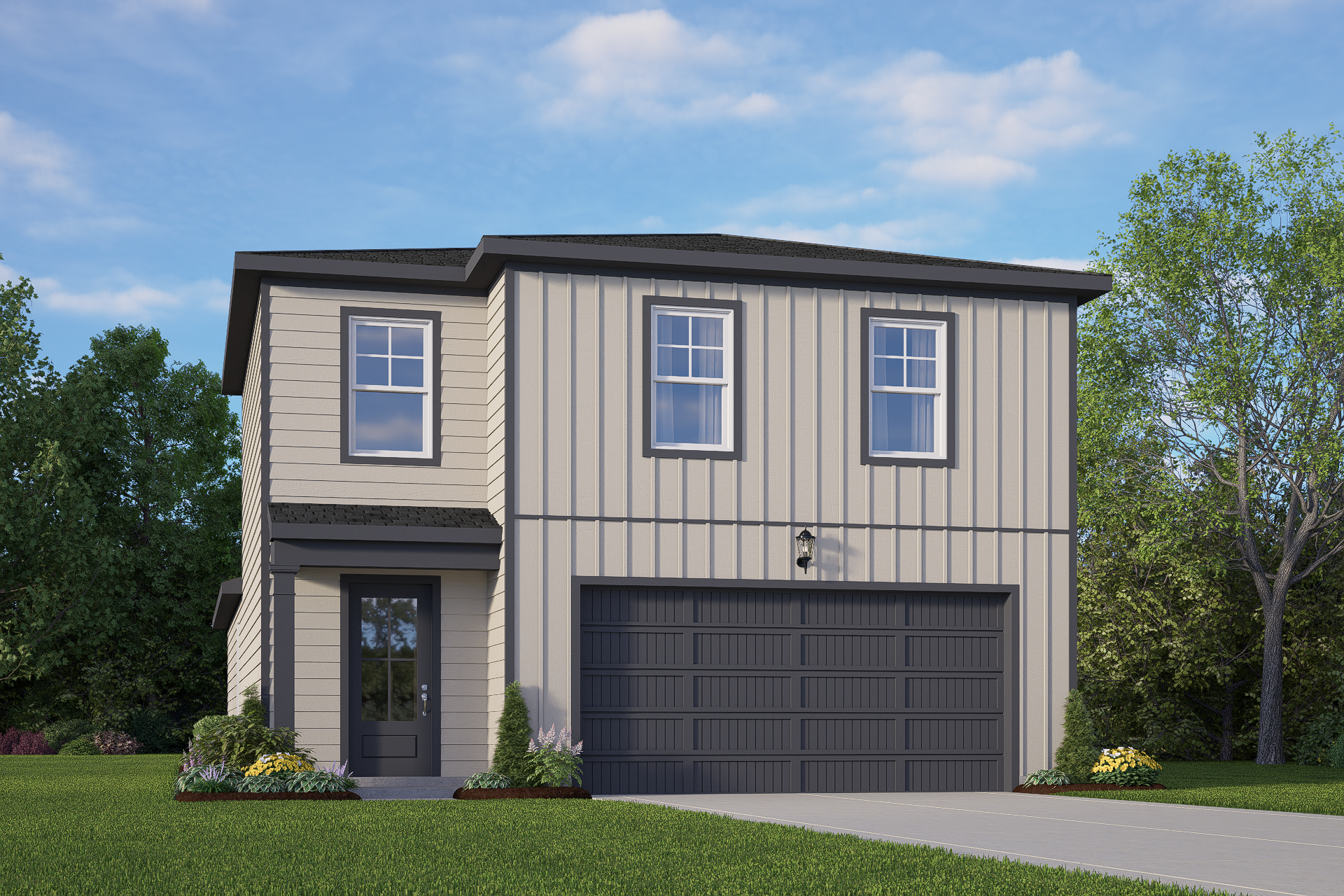 Two-story Blanco A home elevation by Davidson Homes with board-and-batten siding, two-car garage, and landscaped yard in San Antonio