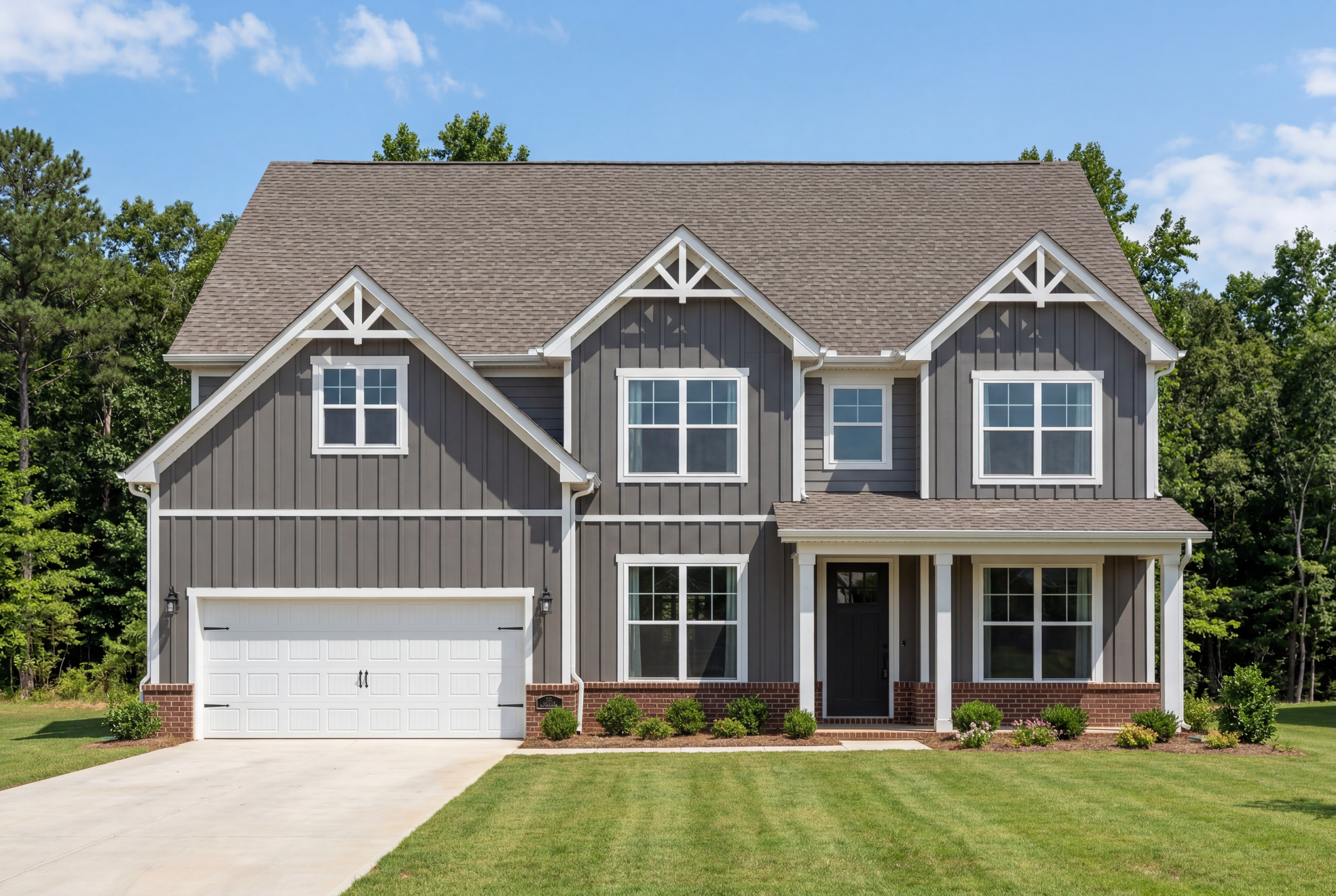 Exterior of The Madison E, a two-story single-family home by Davidson Homes featuring dark siding and a two-car garage.