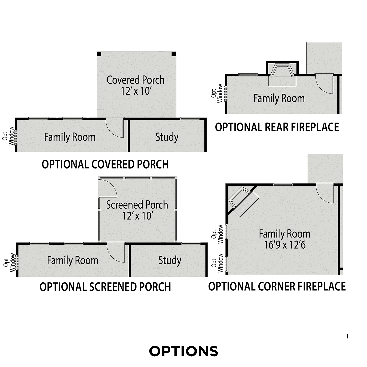 Adalynn B floor plan: spacious 16x9 family room with study, optional 12x10 covered porch, screened porch, rear and corner fireplaces