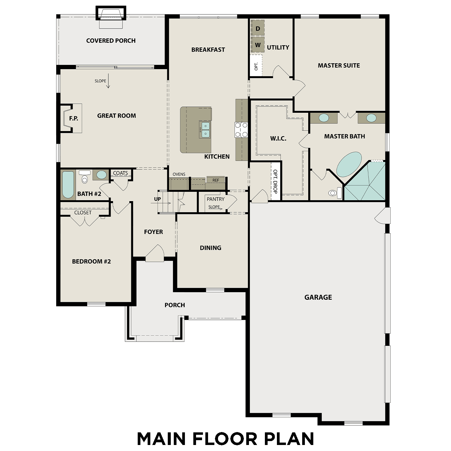 The Hawkins main floor plan featuring open-concept great room, gourmet kitchen, master suite, and 3-car garage