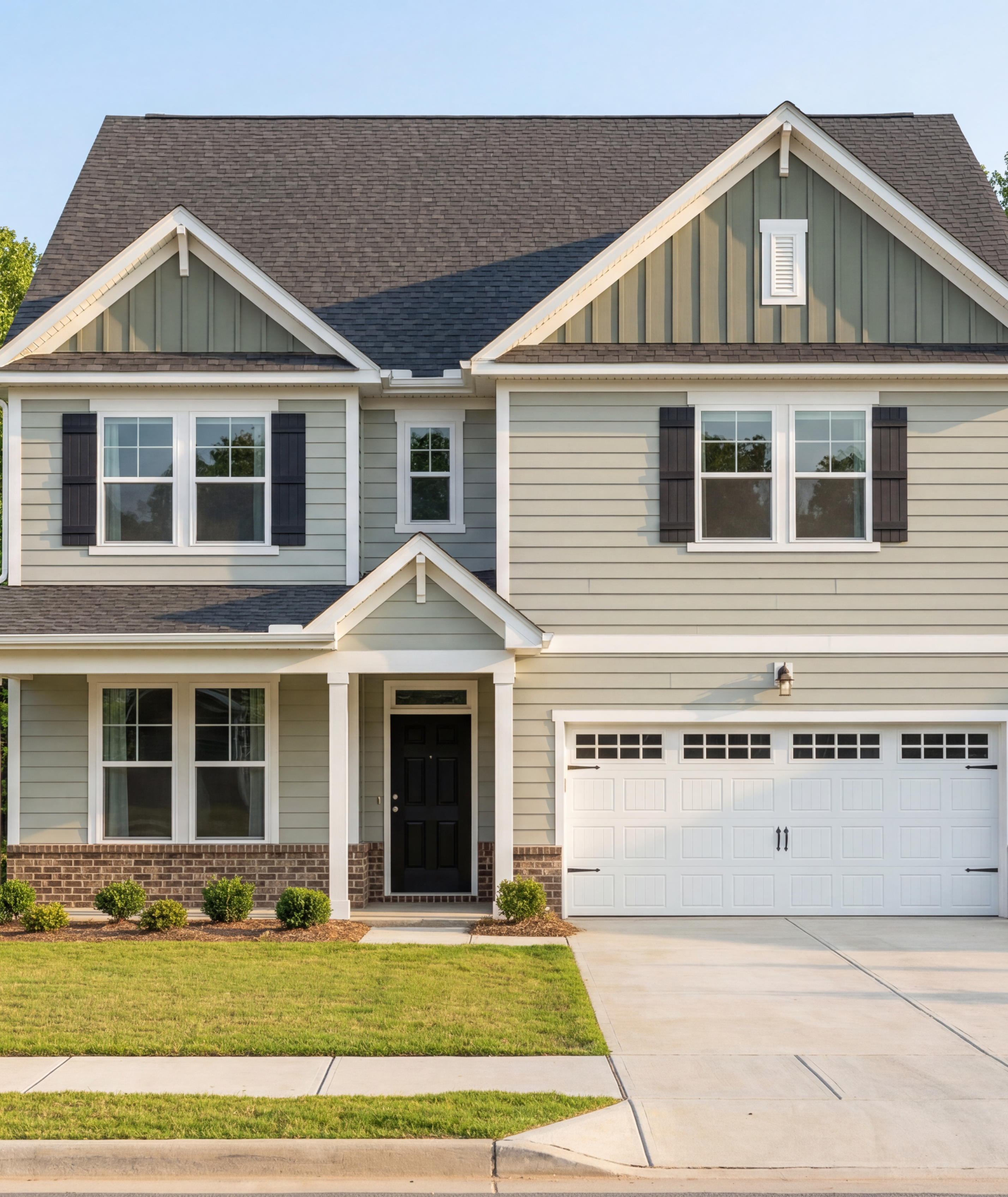 Two-story Davidson Homes exterior at Springvale South in Fuquay-Varina, NC with light green siding and a two-car garage.