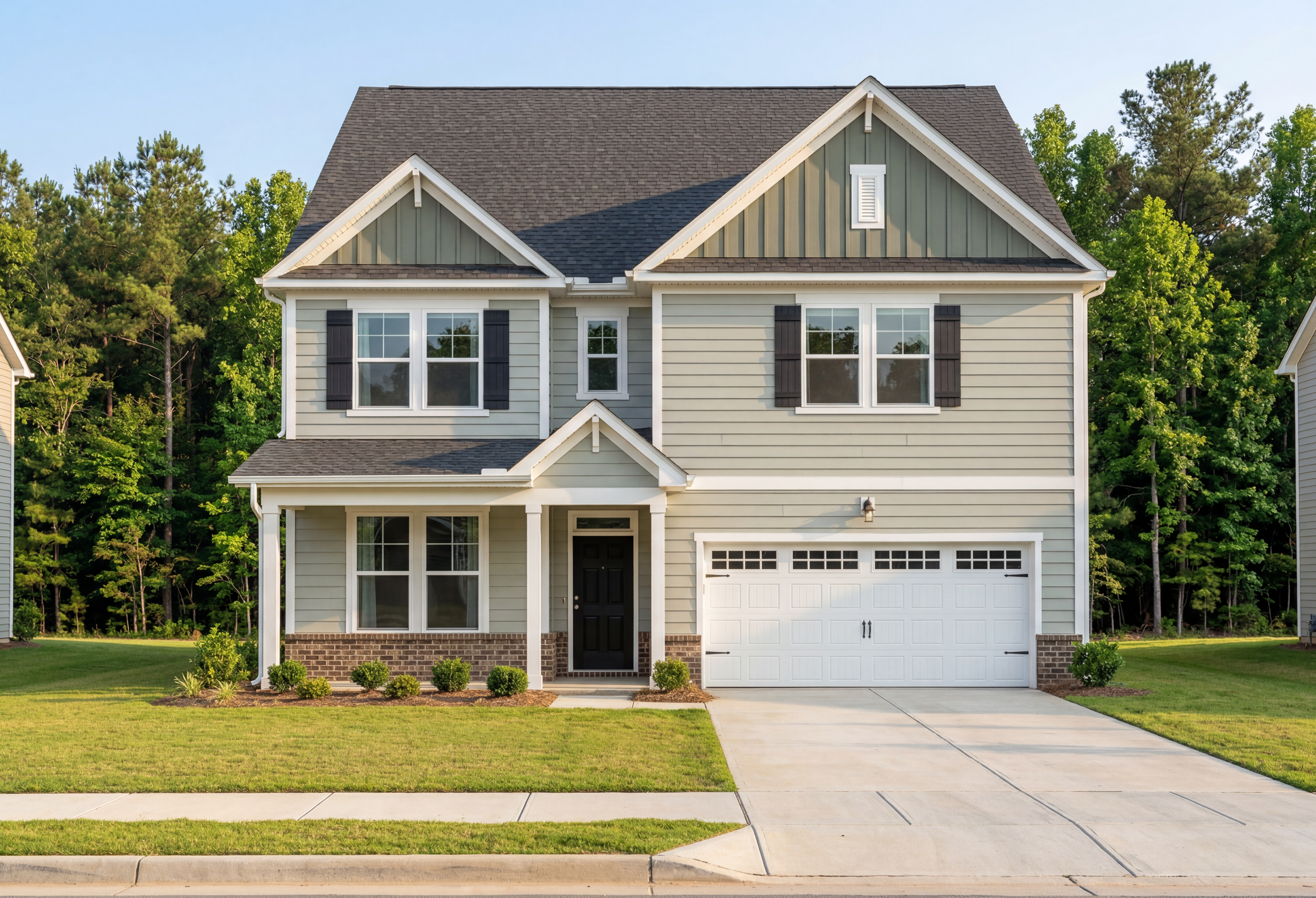 Modern two-story The Beech home with brick and vinyl exterior, 2-car garage, covered porch, and lush lawn in Holly Springs NC