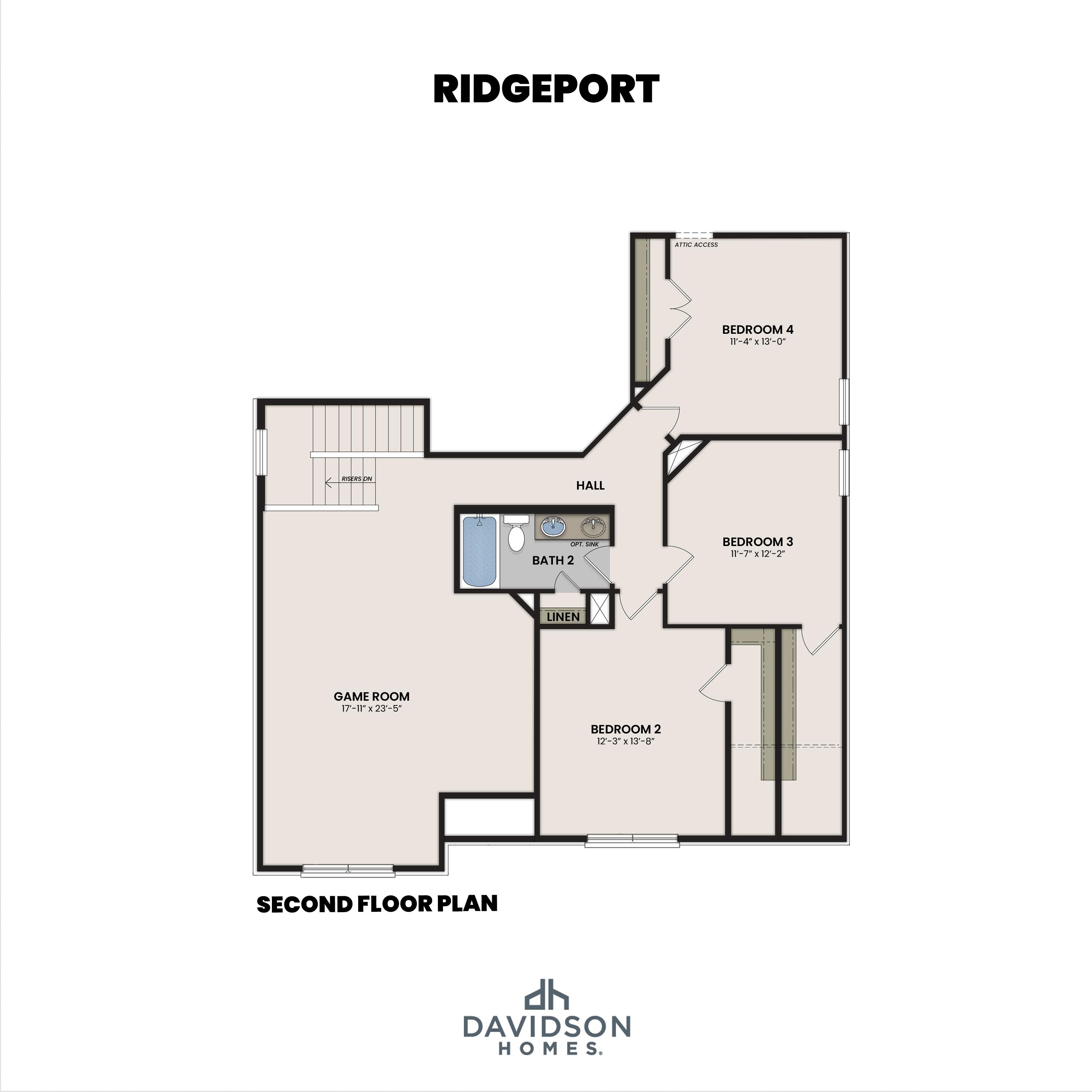 Second floor plan of The Ridgeport by Davidson Homes showing 3 bedrooms, game room, and shared bath in Mt. Juliet, TN