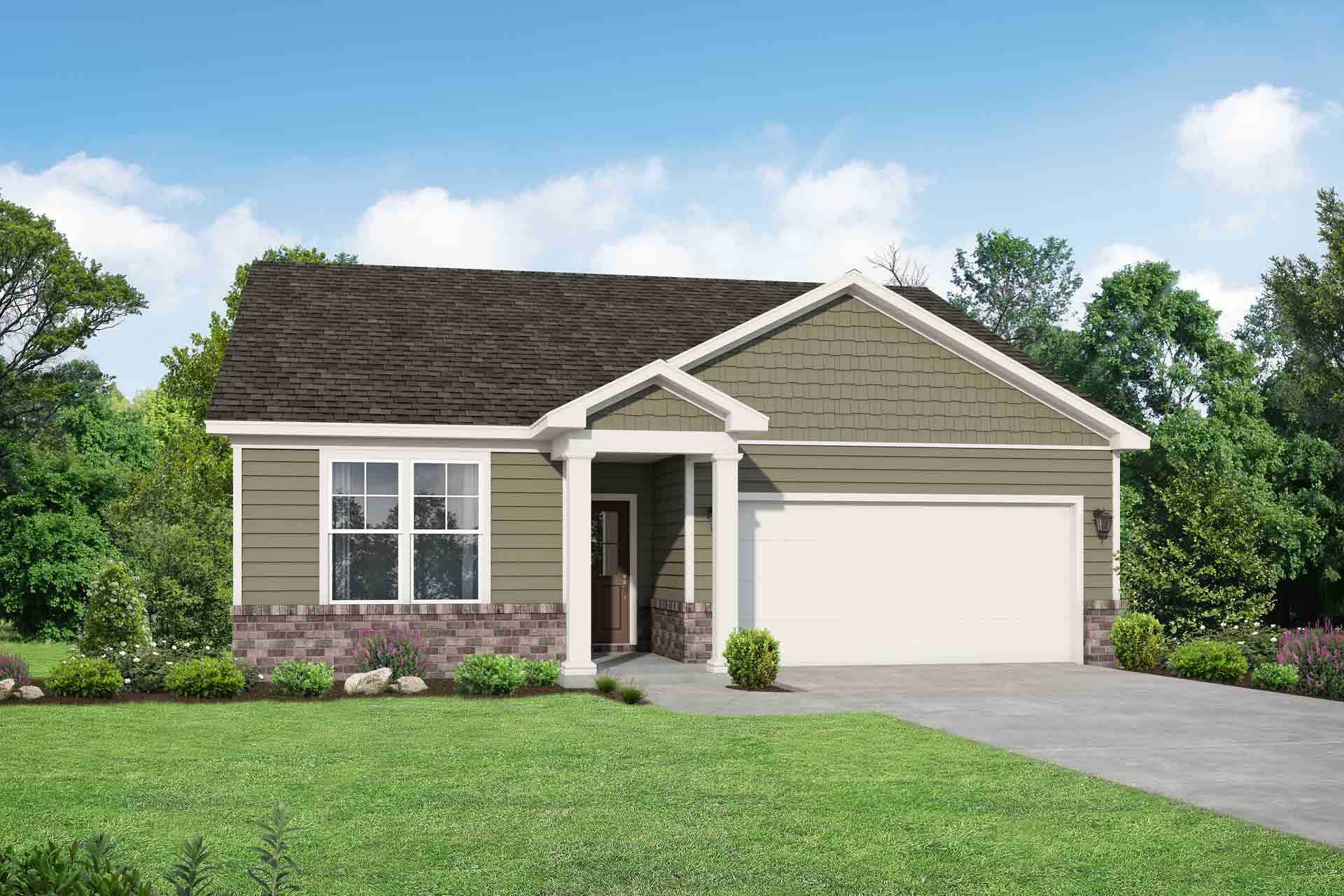 The Franklin D single-story home elevation with green siding, brick accents, 2-car garage, and lush landscaping