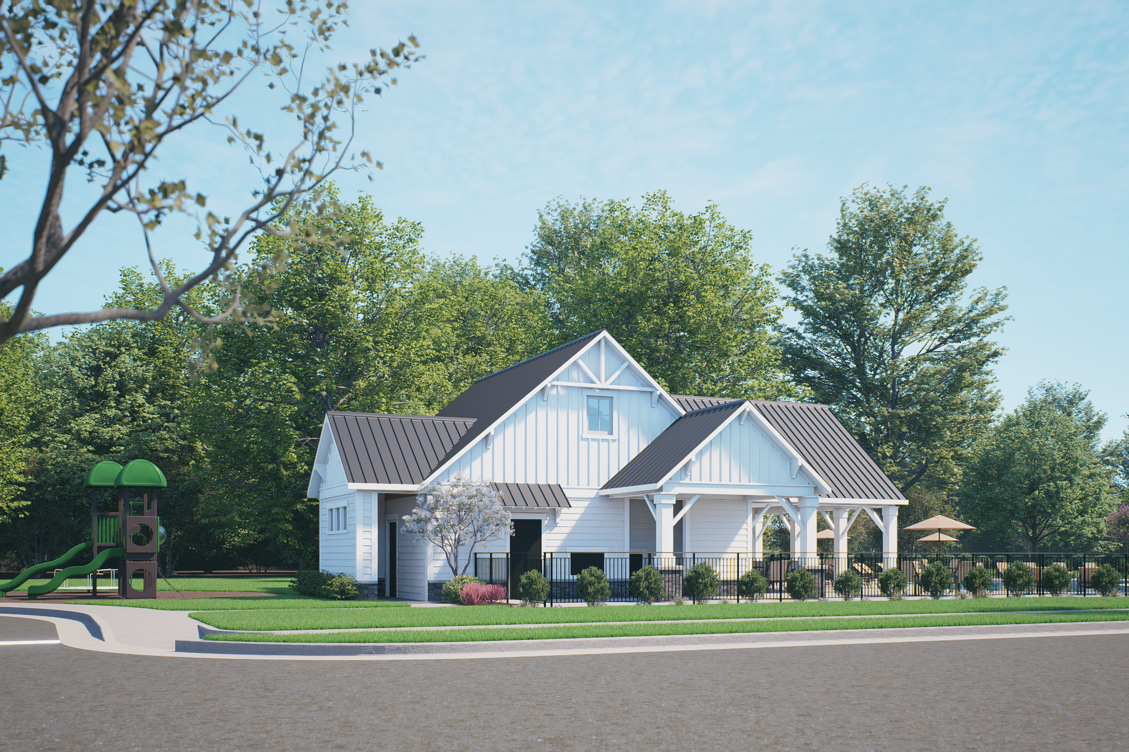 Family-friendly clubhouse pavilion and playground at Forestville Yard in Knightdale NC with covered porch, colorful slide, and shaded lounge