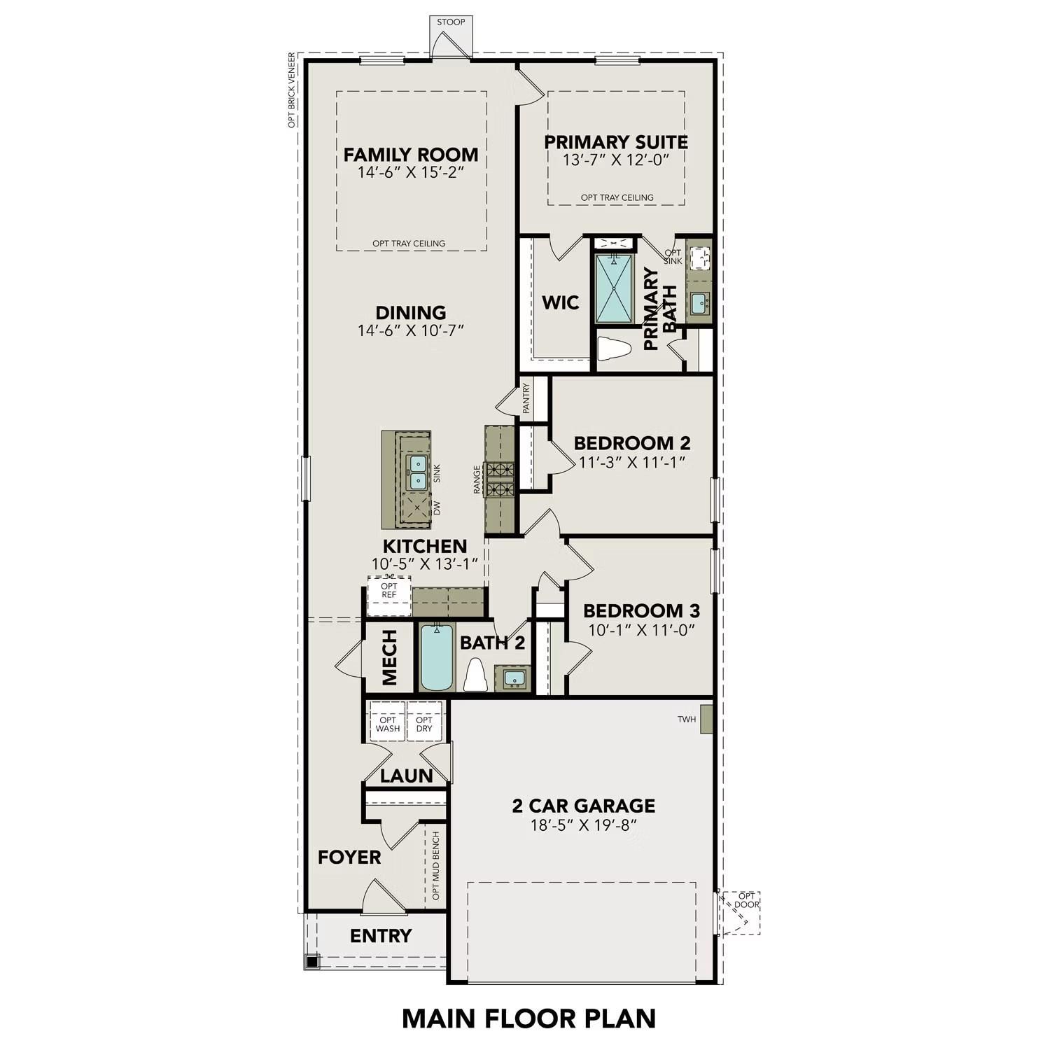 Main floor plan of Davidson Homes The Frio F: 3-bed, 2-bath, 1,459 sq ft single-story with 2-car garage in Conroe, Texas