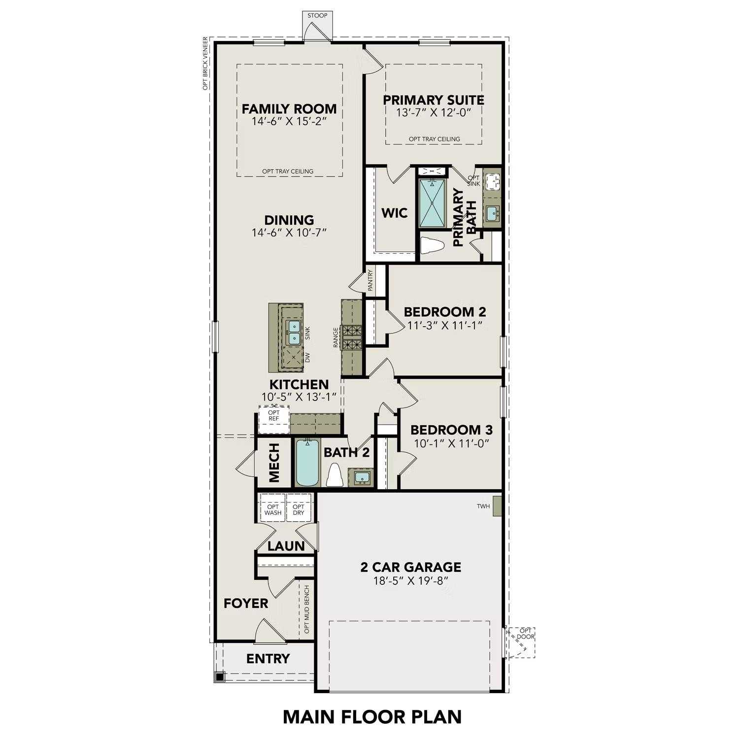 Main floor plan of Davidson Homes The Frio F: 3-bed, 2-bath, 1,459 sq ft single-story with 2-car garage in Conroe, Texas