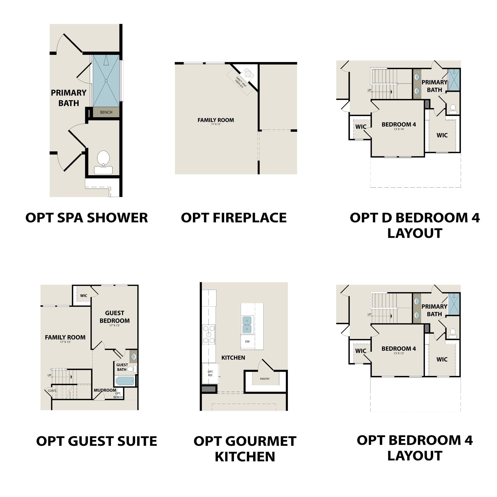 The Willow D floor plan: 4-bed, 3-bath, 2-story layout with primary suite, open kitchen, family room, optional spa & guest suite in Mt. Juliet, TN